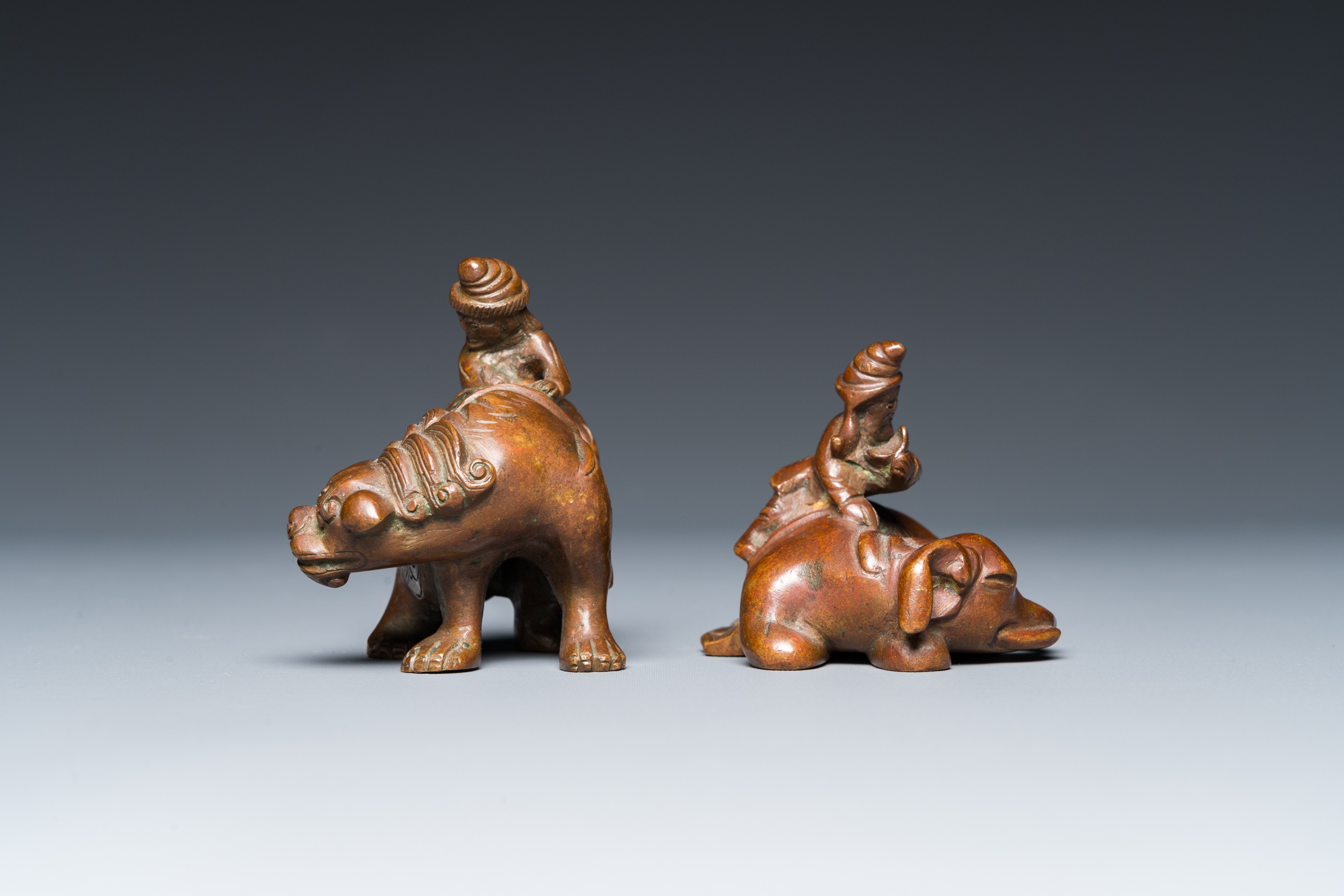 Two Chinese bronze scroll Weights with Sogdian riders on a Buddhist lion and an elephant, Qi - Image 3 of 19