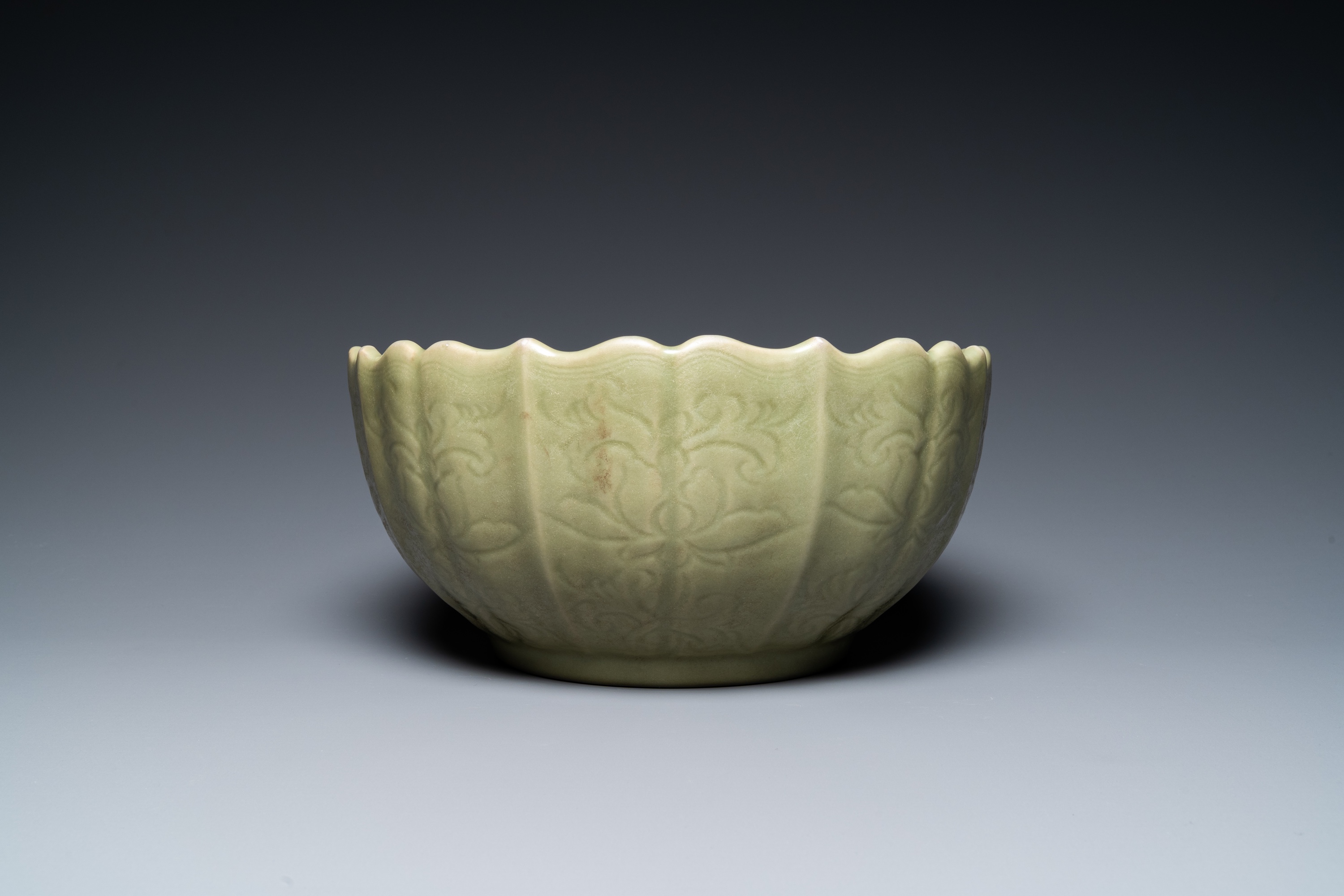 A large Chinese Longquan celadon bowl with underglaze lotus design, Ming - Image 5 of 17