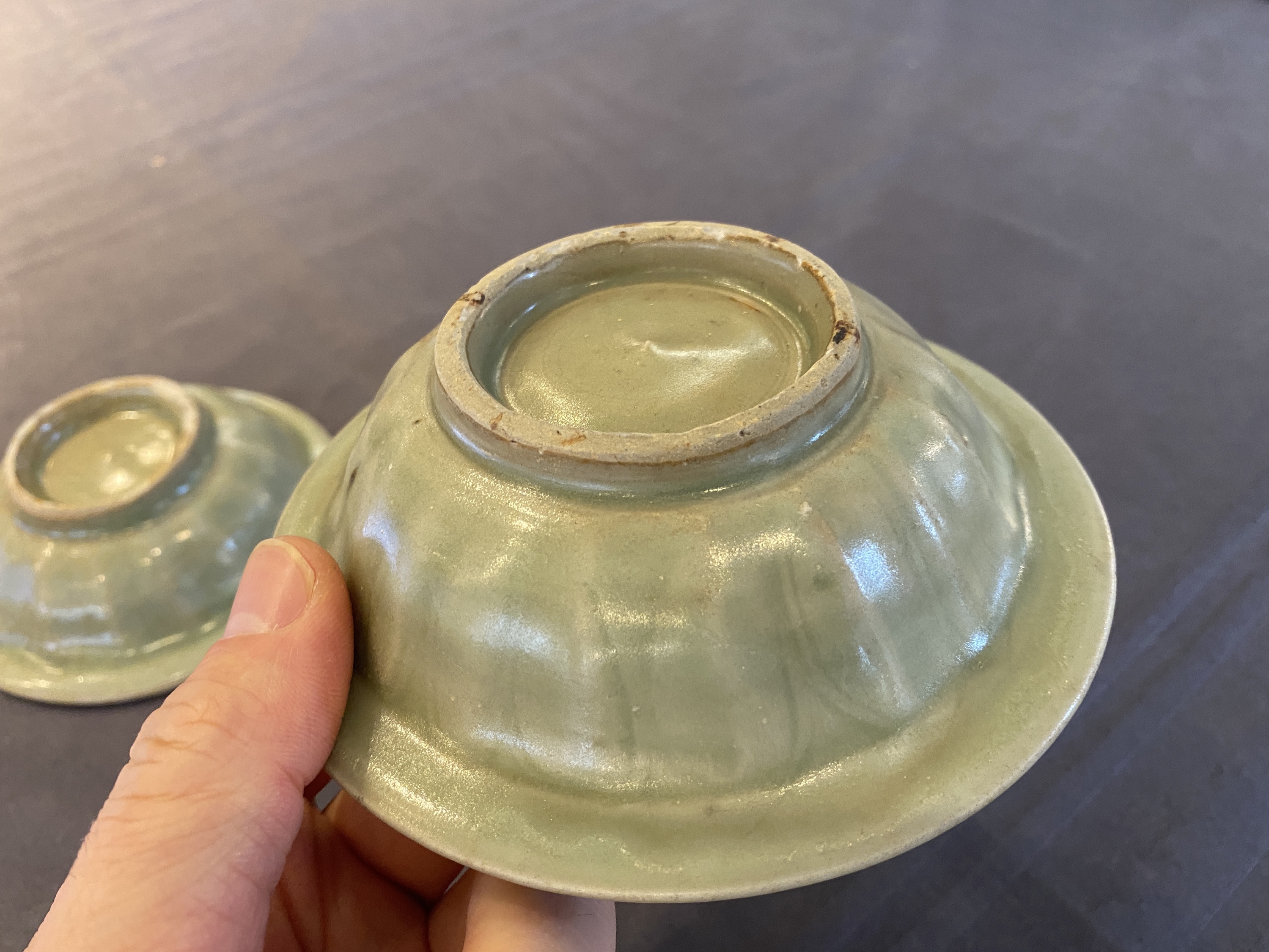 Two Chinese celadon-glazed bowls, one with twin fish, Ming - Image 13 of 14