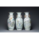 Three Chinese famille rose and qianjiang cai vases, 19/20th C.