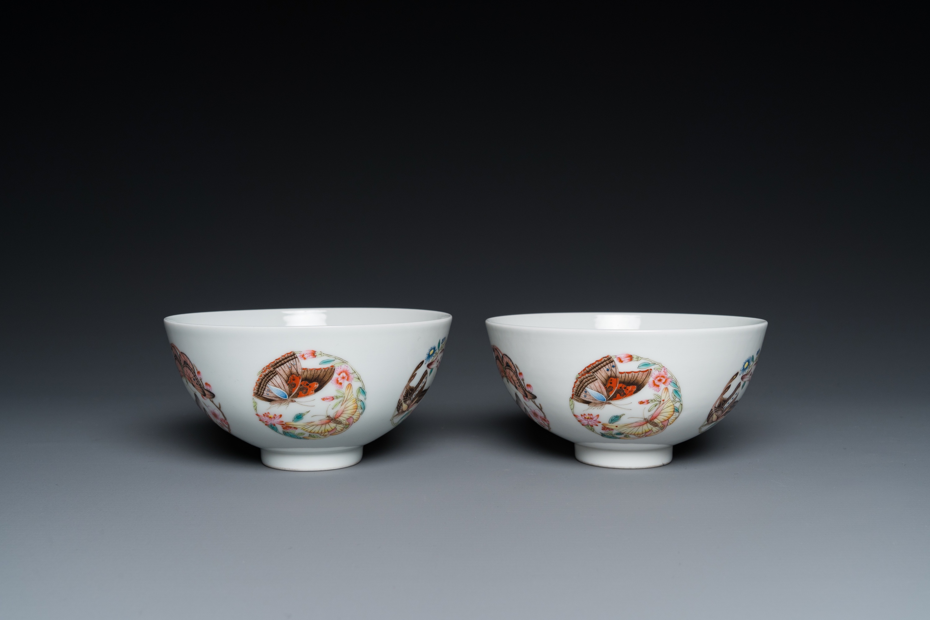 A pair of Chinese famille rose 'butterfly' bowls, Yonzheng mark, probably Republic - Image 2 of 16