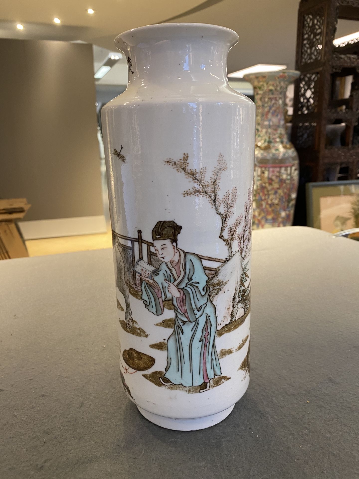 A Chinese qianjiang cai rouleau vase, signed Zhan Litang ___, dated 1867 - Image 9 of 19