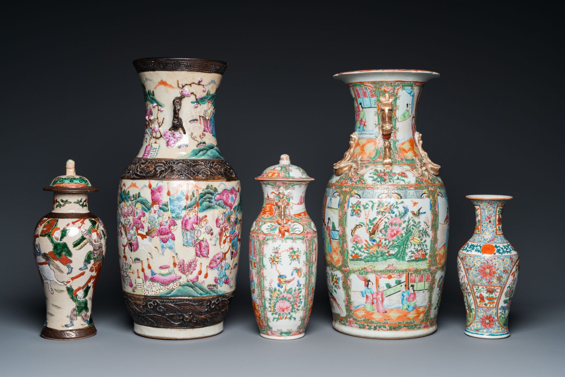 Eight Chinese Canton famille rose vases, two Nanking vases and two famille rose bowls, 19/20th C. - Image 5 of 15