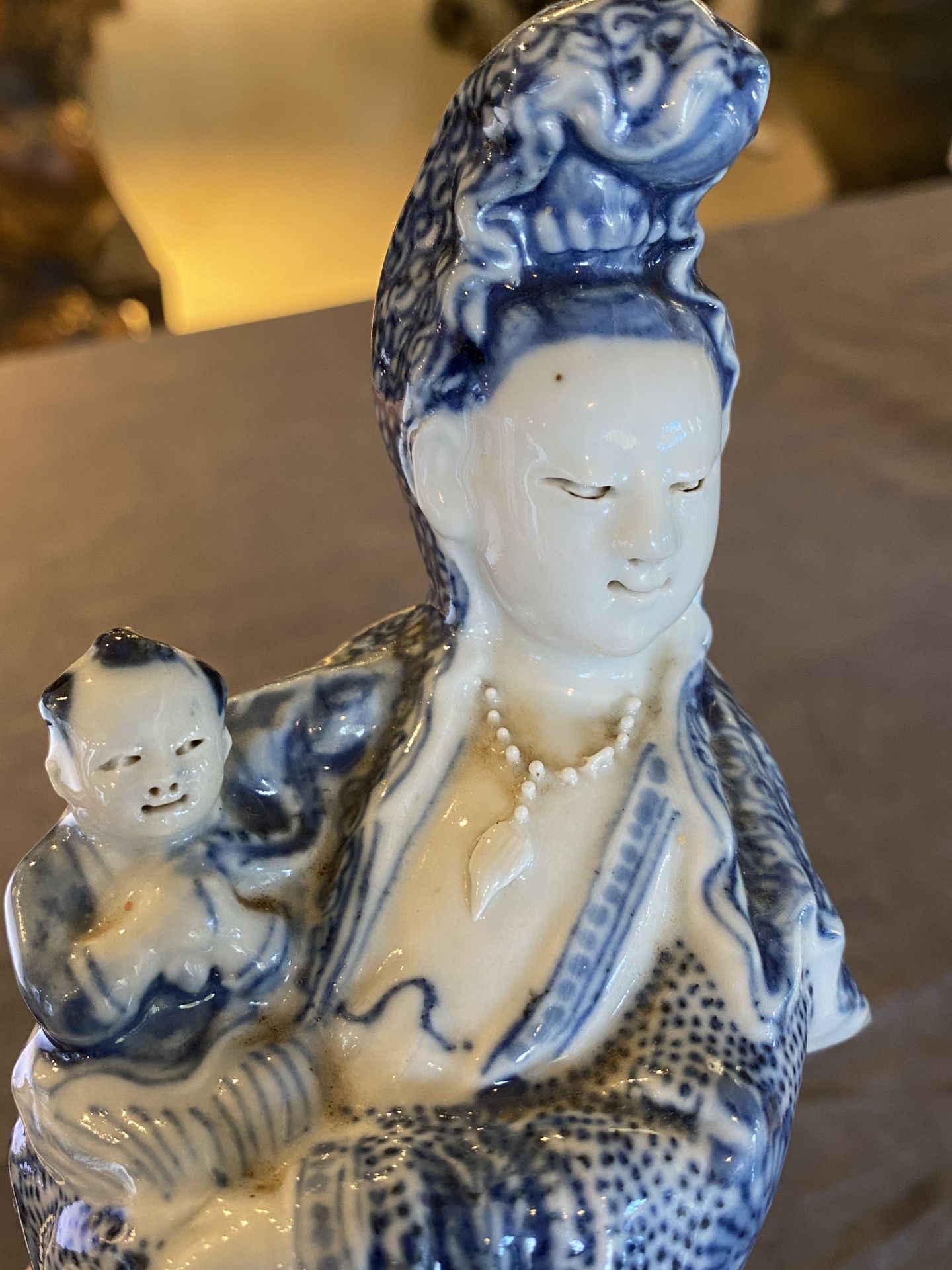 A Chinese blue and white Guanyin with child, Cai Fu Ji ___ mark, Republic - Image 14 of 25