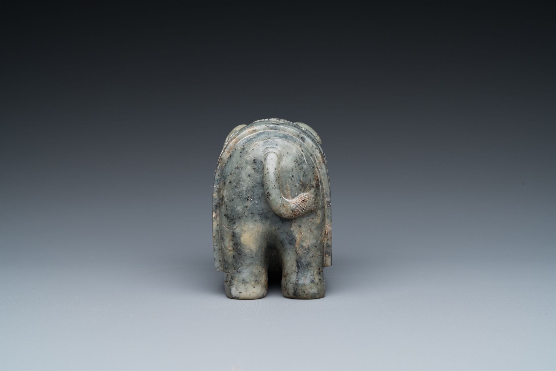 A Chinese grey-speckled celadon jade elephant, Qing - Image 5 of 18