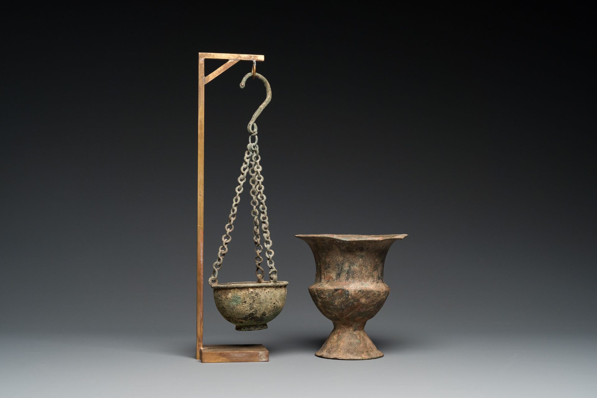 A Byzantine or Roman bronze vase and a hanging incense burner, 5/7th C. - Image 3 of 9