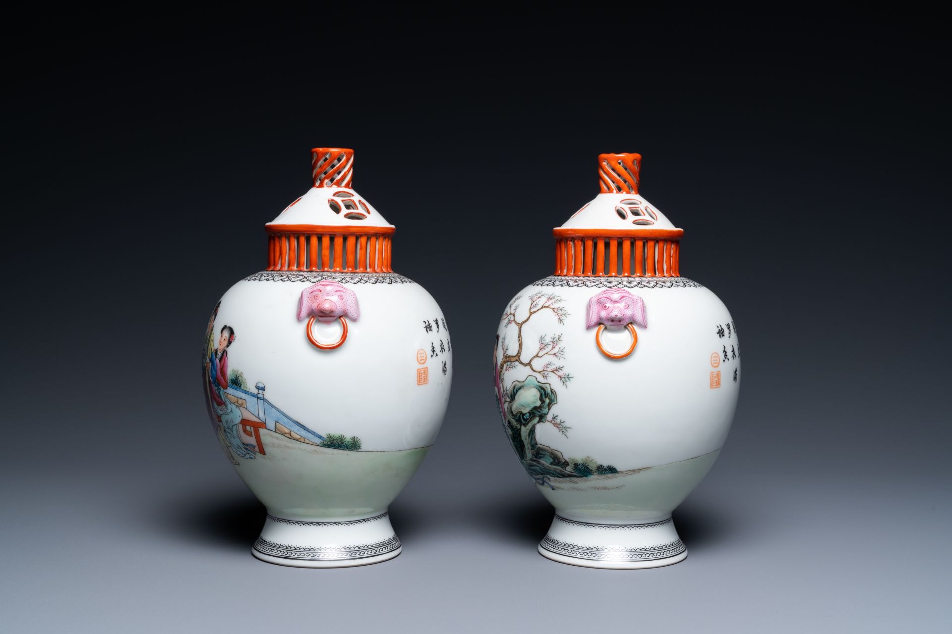 A pair of Chinese famille rose vases with reticulated covers, Qianlong mark, Republic - Image 2 of 17