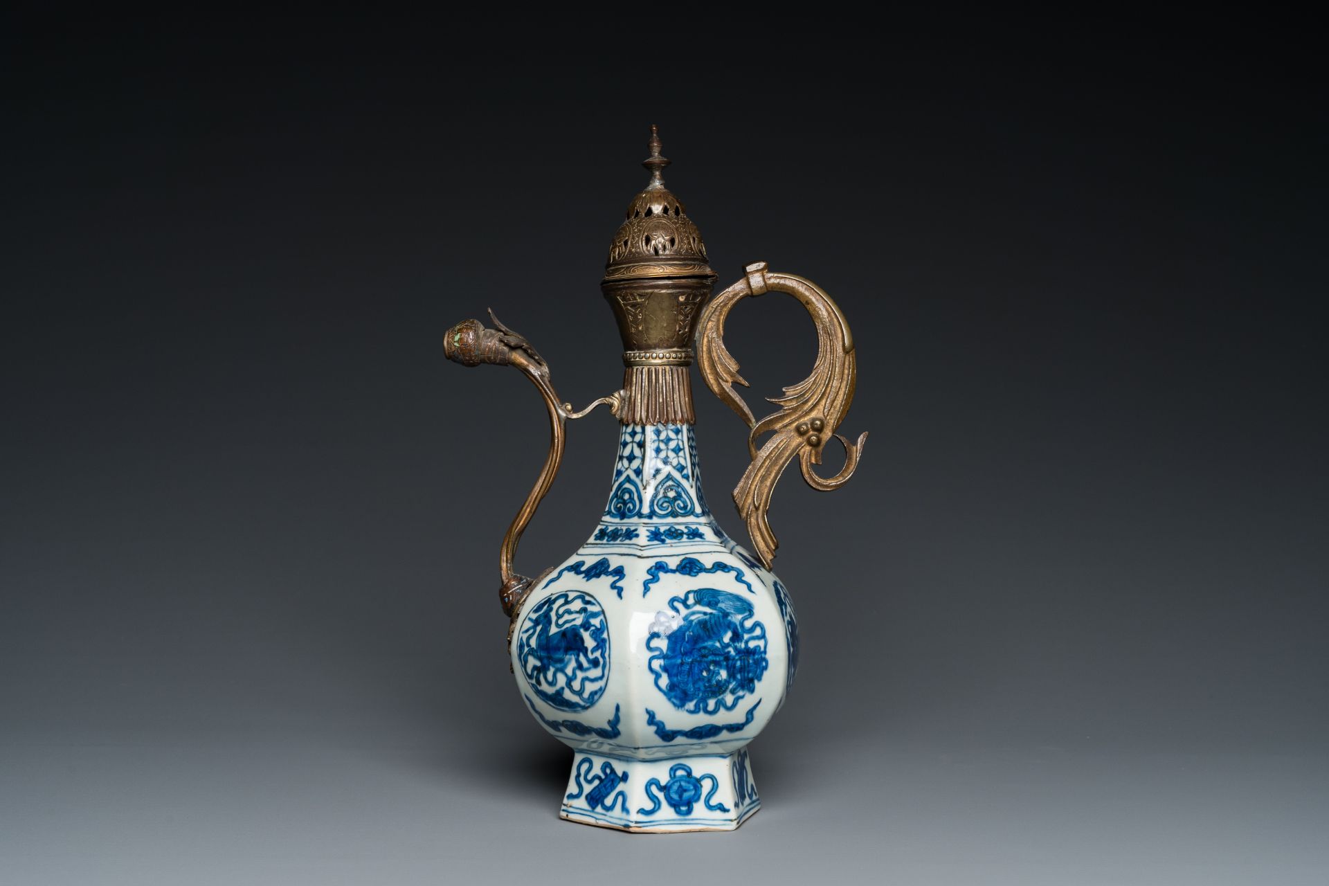 A Chinese blue and white gilt-bronze mounted vase transformed into a ewer for the Ottoman market, Ji