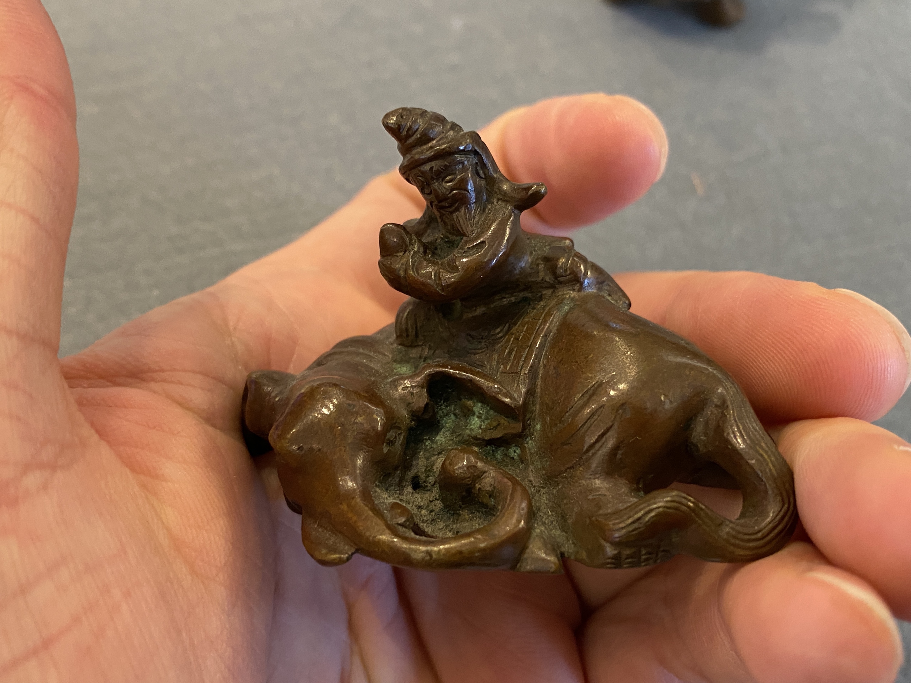 Two Chinese bronze scroll Weights with Sogdian riders on a Buddhist lion and an elephant, Qi - Image 11 of 19