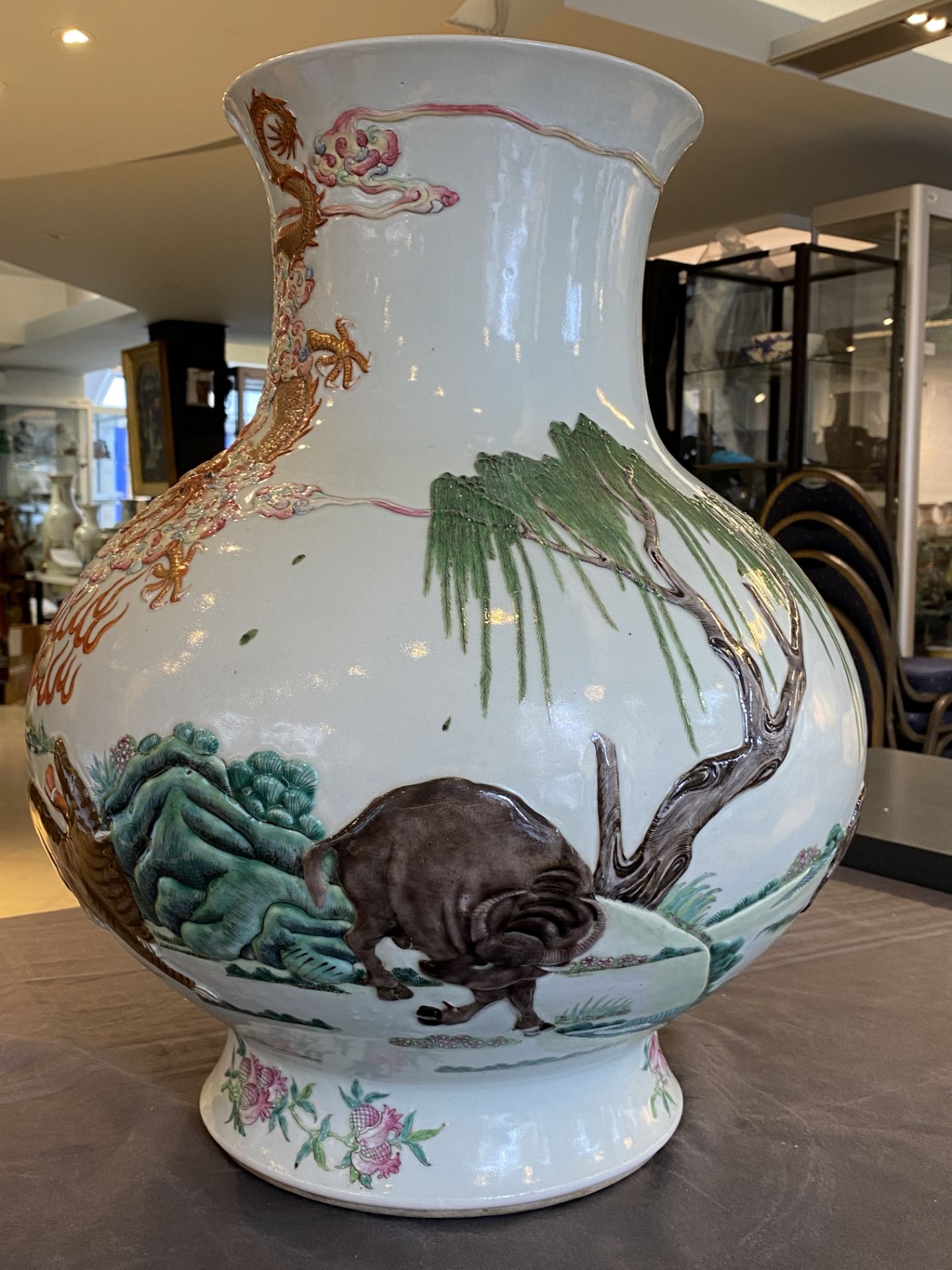 An impressive large relief-molded Chinese famille rose 'Twelve zodiac animals' vase, Qianlong mark, - Image 36 of 48