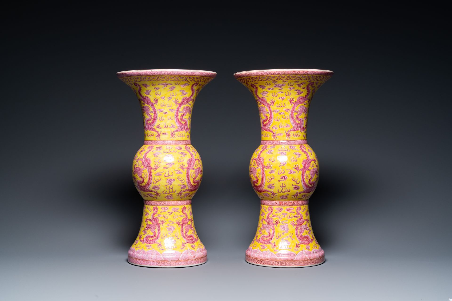 A pair of Chinese puce-enamelled yellow-ground 'gu' vases with dragons, Jia Xu Nian Zhi ____ mark, d - Bild 4 aus 46