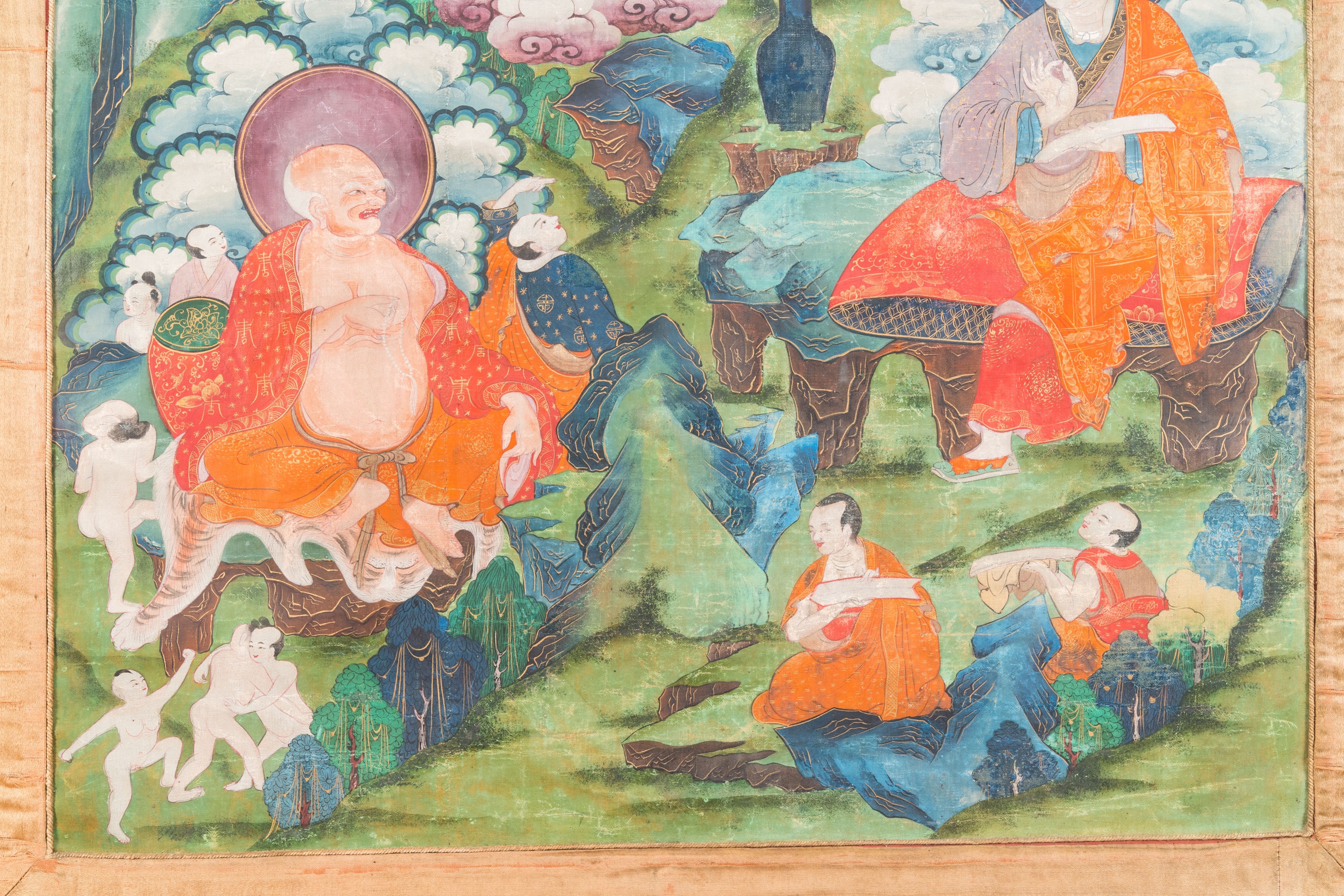 A thangka depicting Luohan surrounded by deities, Tibet, 17/18th C. - Image 4 of 6