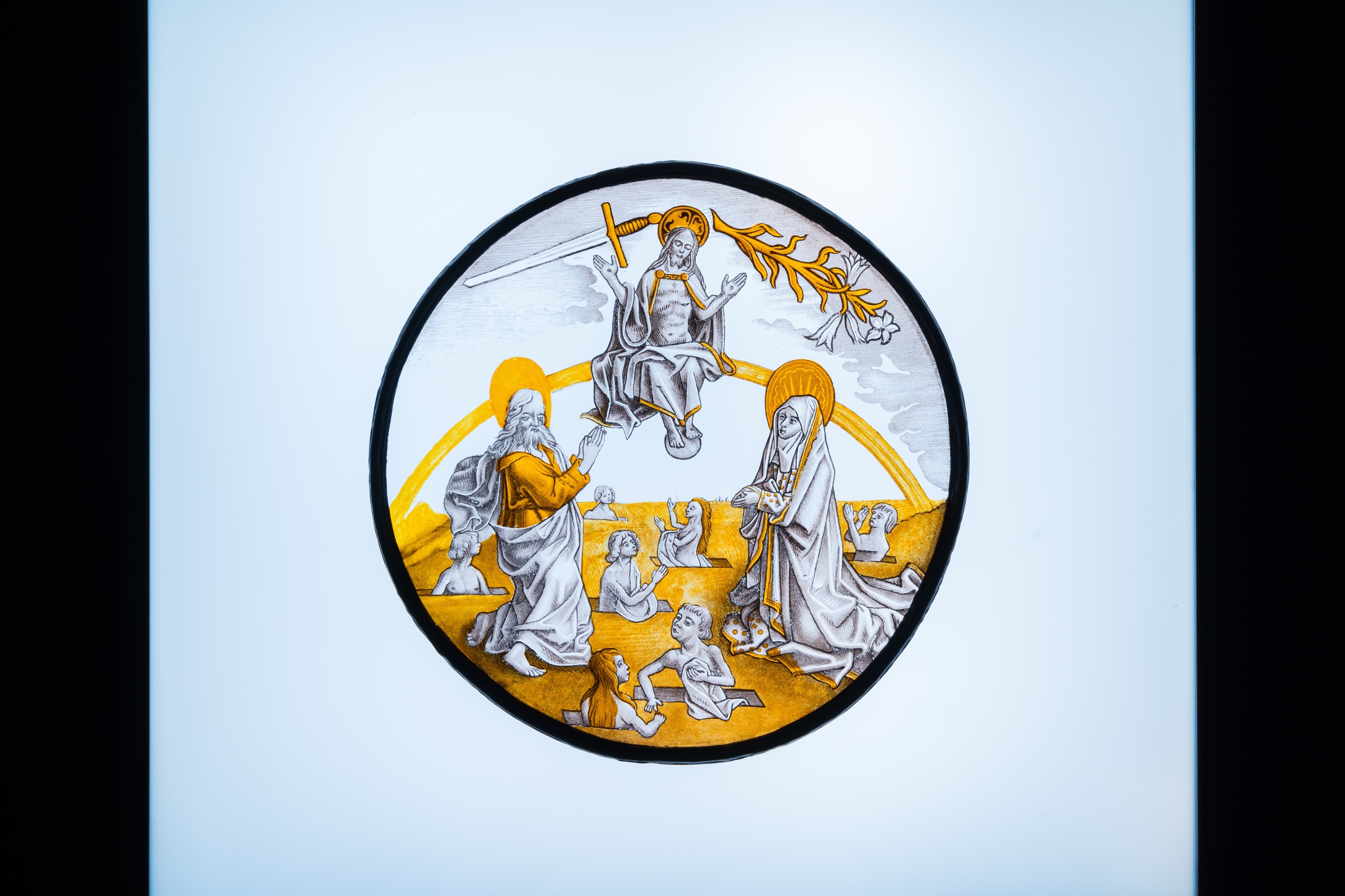 Two painted glass roundels depicting 'The Last Judgment' & 'Abraham sees Sodom in flames', Southern - Image 6 of 7