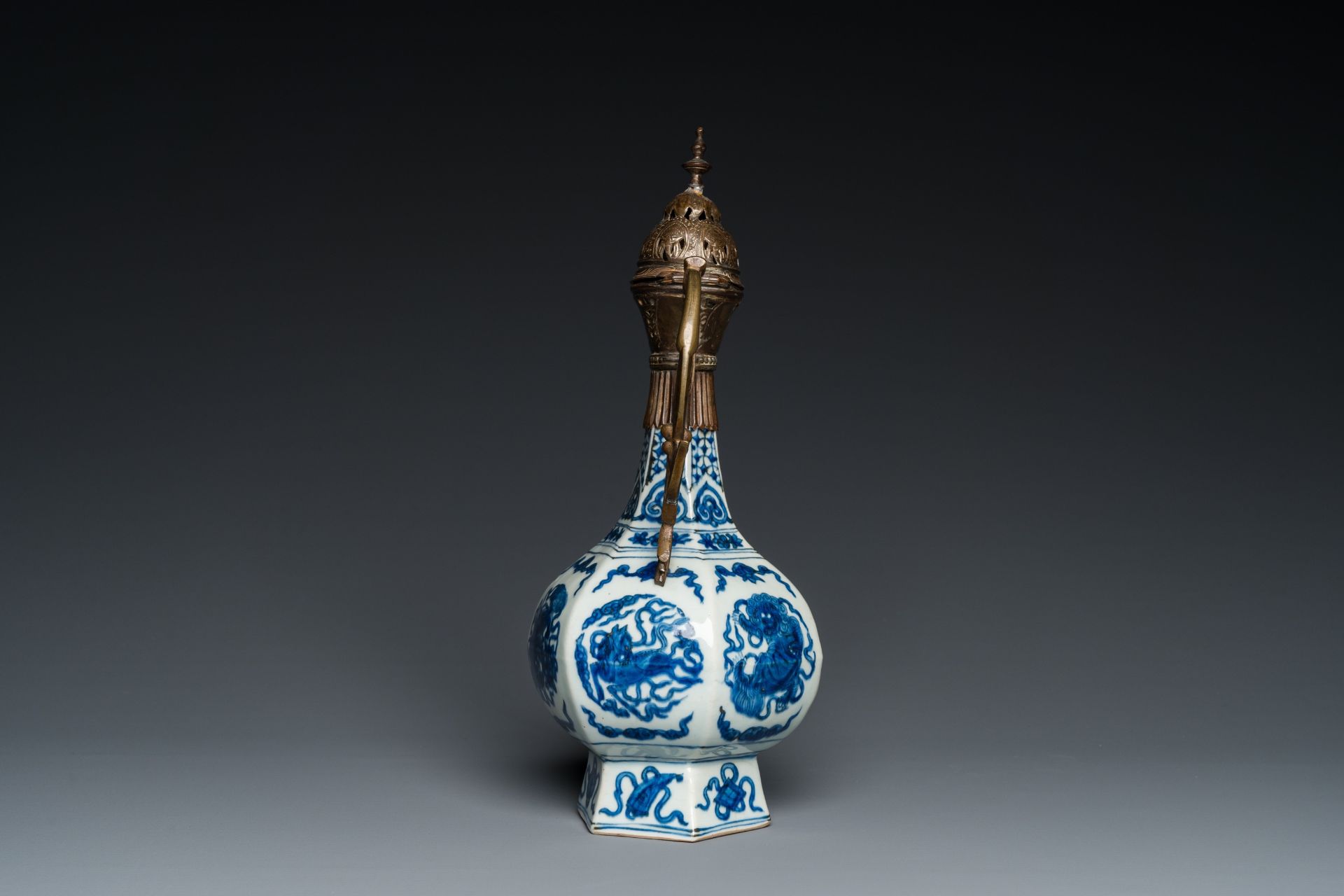 A Chinese blue and white gilt-bronze mounted vase transformed into a ewer for the Ottoman market, Ji - Image 2 of 21