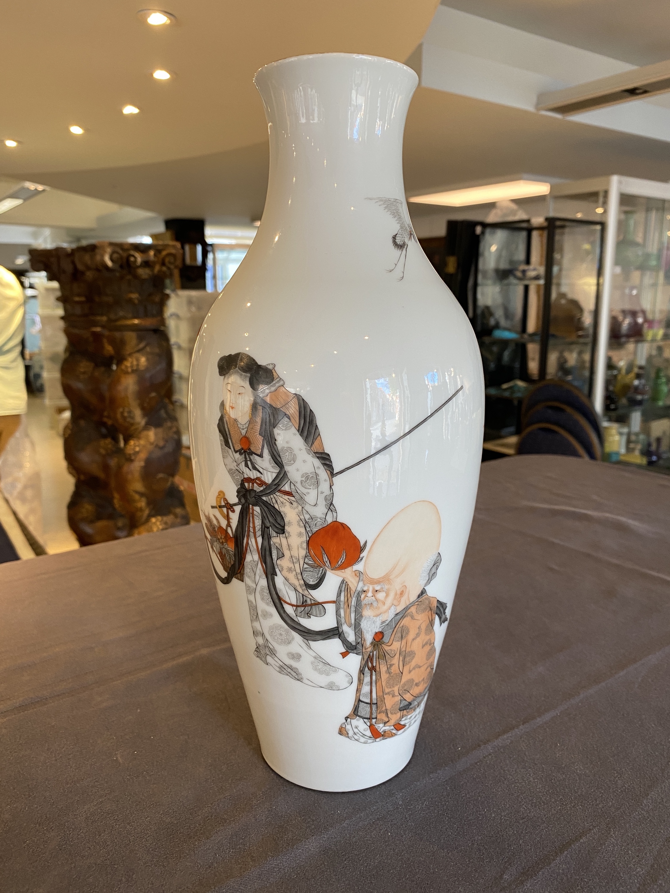 A Chinese iron-red and grisaille 'Shou Lao and Lan Caihe' vase, Hongxian mark, Republic - Image 7 of 14