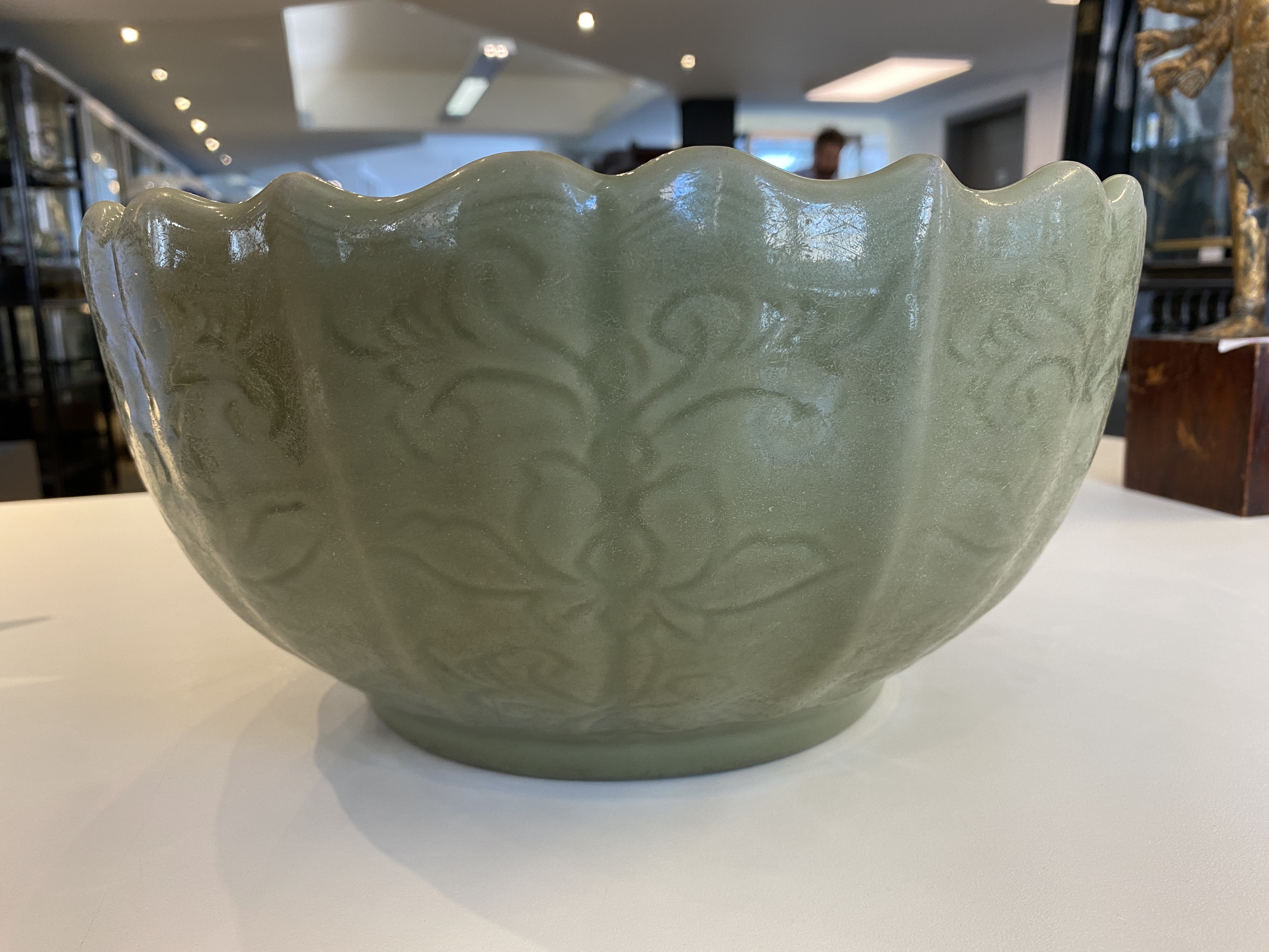 A large Chinese Longquan celadon bowl with underglaze lotus design, Ming - Image 14 of 17