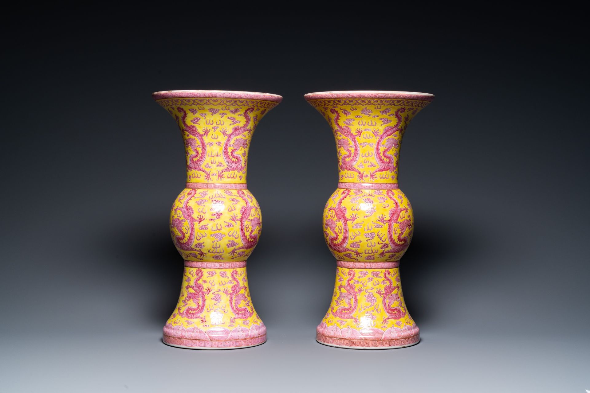 A pair of Chinese puce-enamelled yellow-ground 'gu' vases with dragons, Jia Xu Nian Zhi ____ mark, d - Bild 3 aus 46