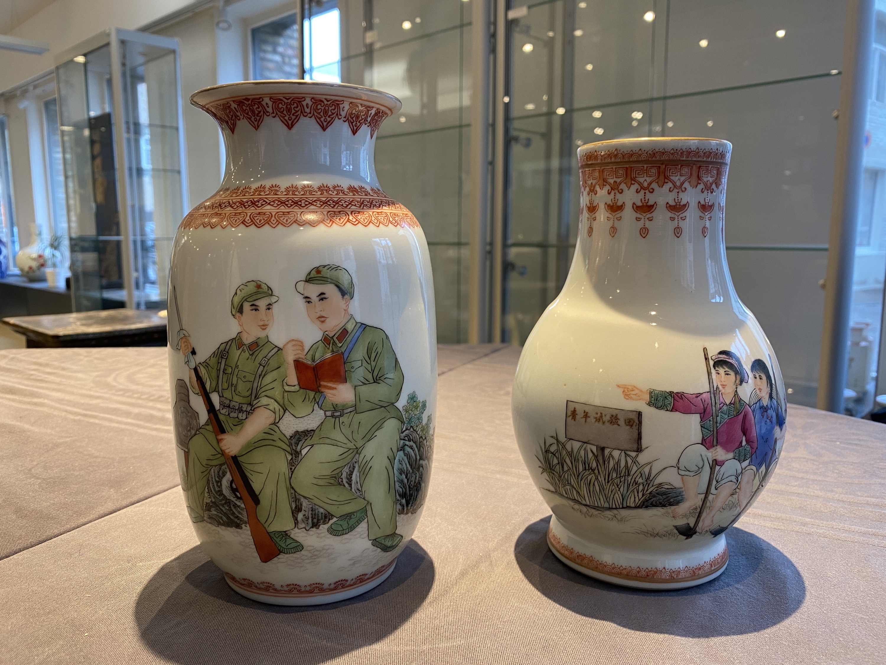 Four Chinese vases with Cultural Revolution design, one signed Wang Xiaolan ___ and dated 1972 - Image 28 of 40