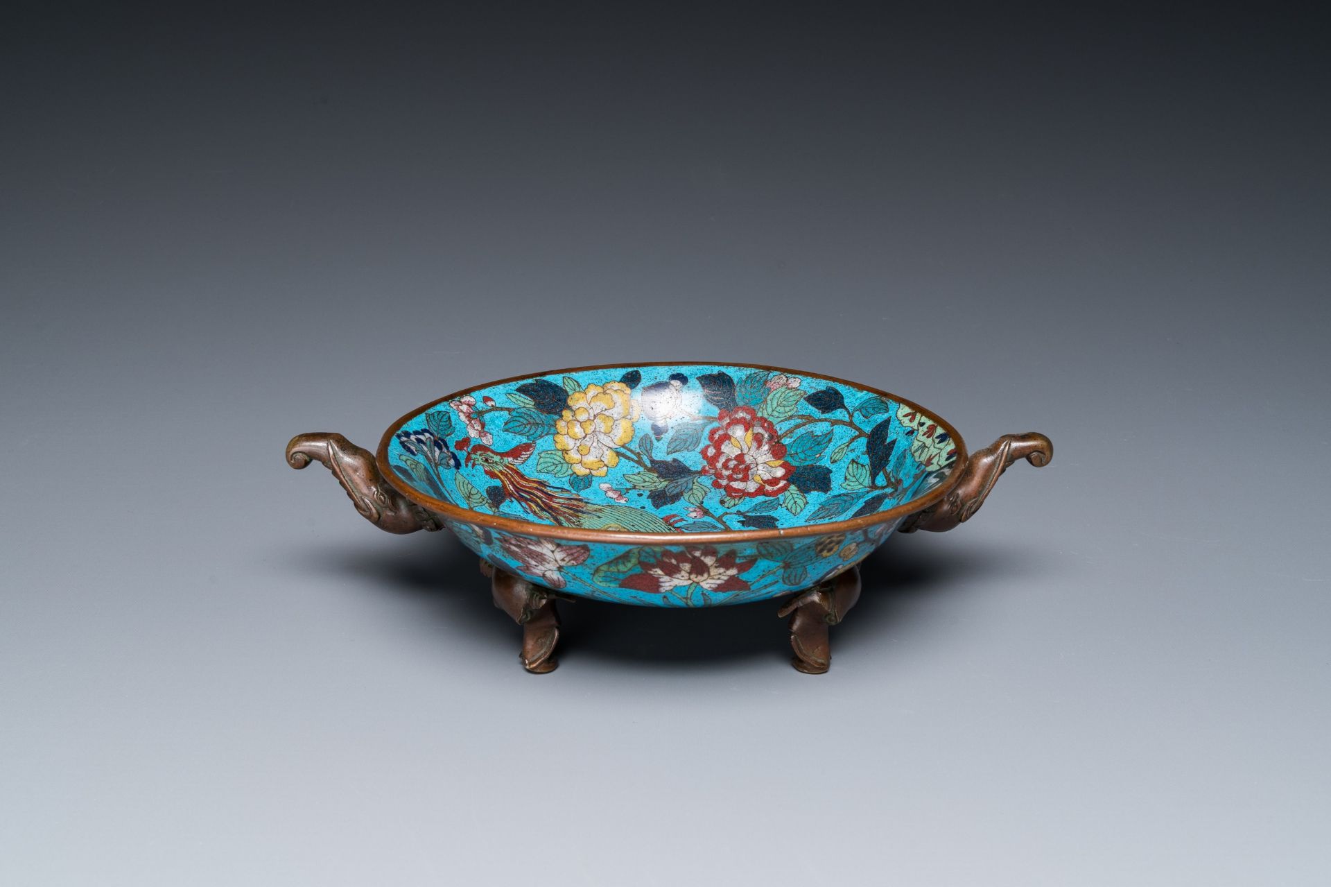 A Chinese cloisonnŽ tripod 'phoenix' bowl with elephant head handles, Qianlong/Jiaqing - Image 2 of 7