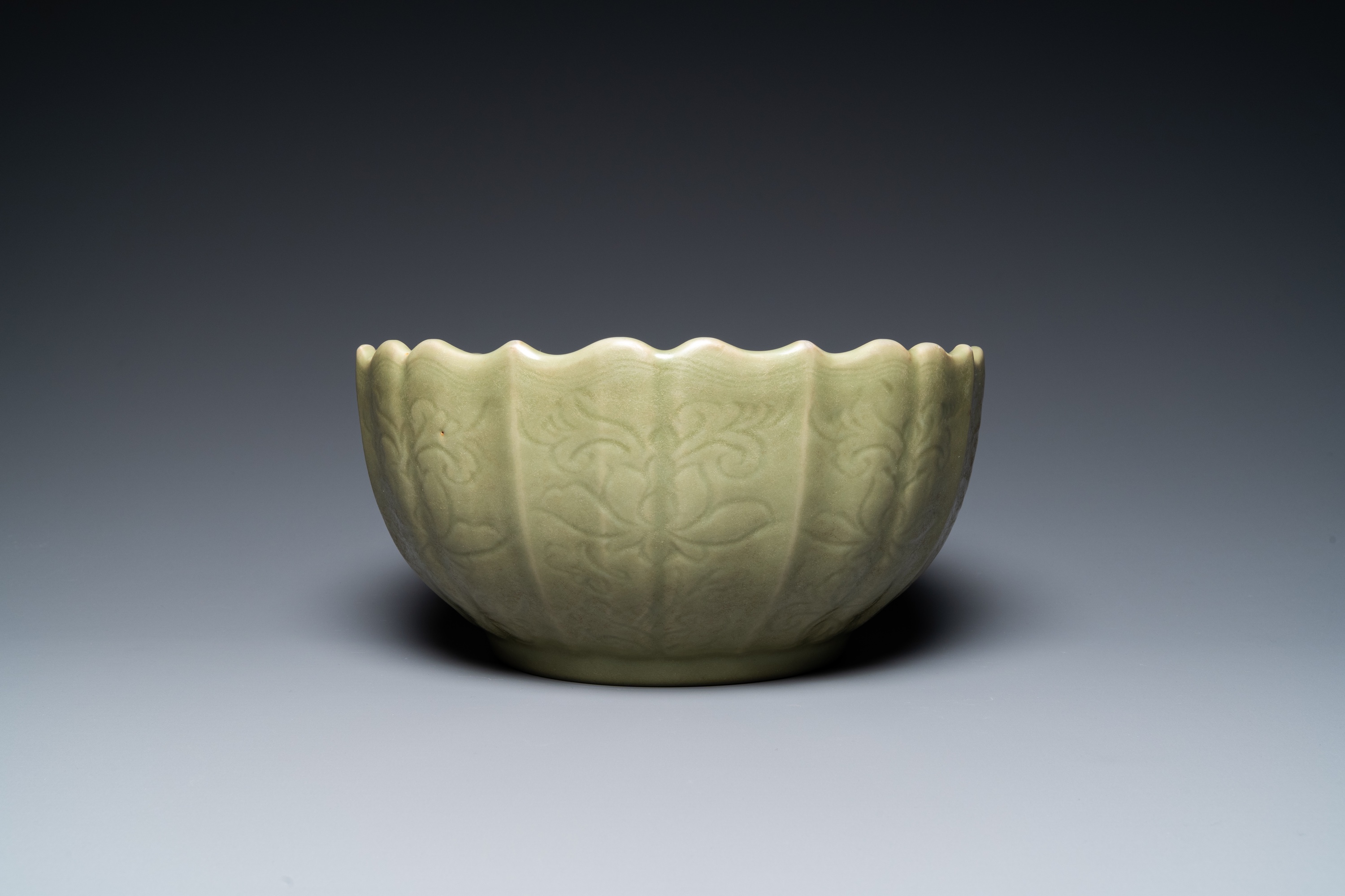 A large Chinese Longquan celadon bowl with underglaze lotus design, Ming - Image 2 of 17