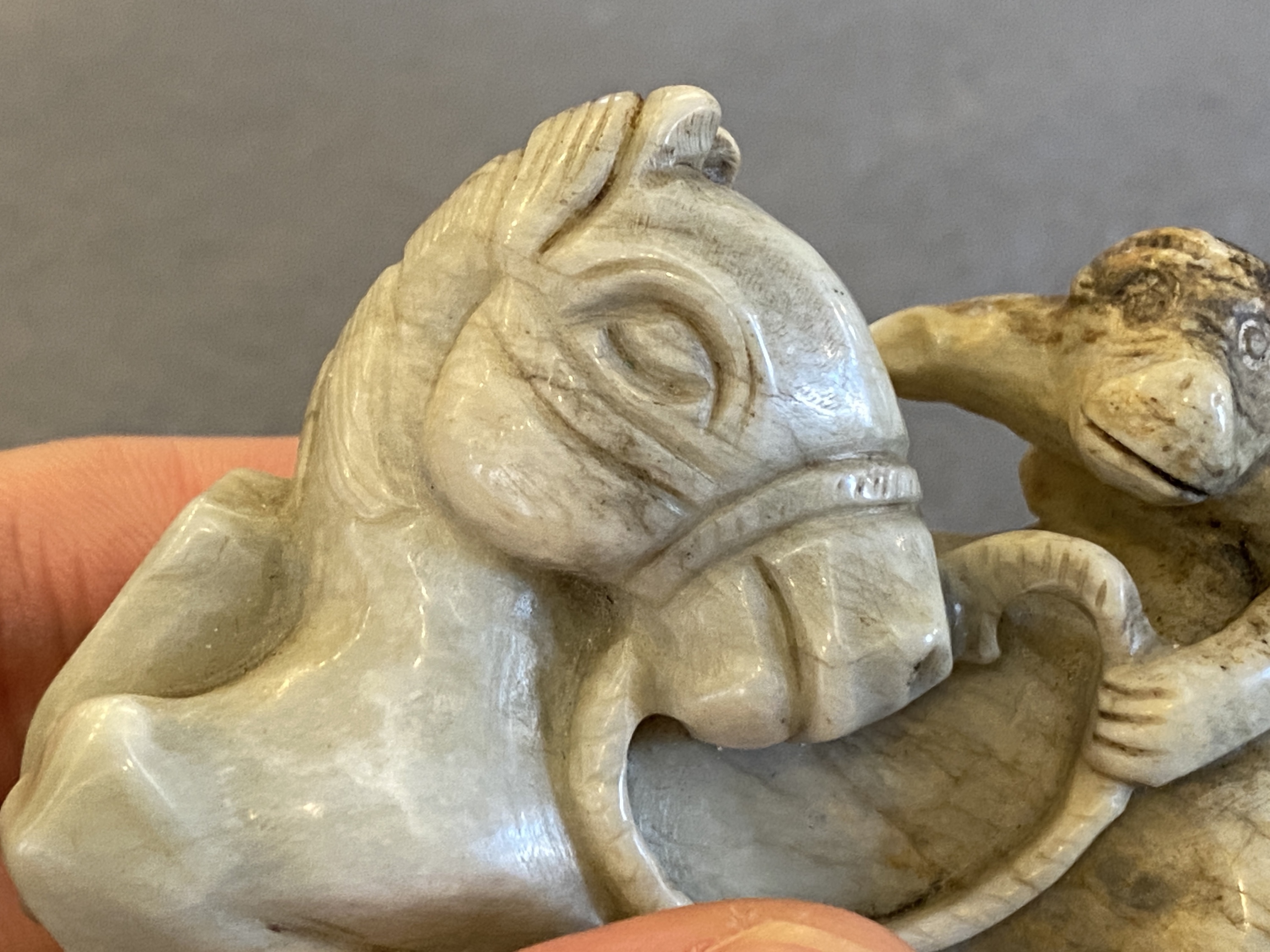 A Chinese greyish green jade 'horse and monkey' carving, probably Ming - Image 12 of 14