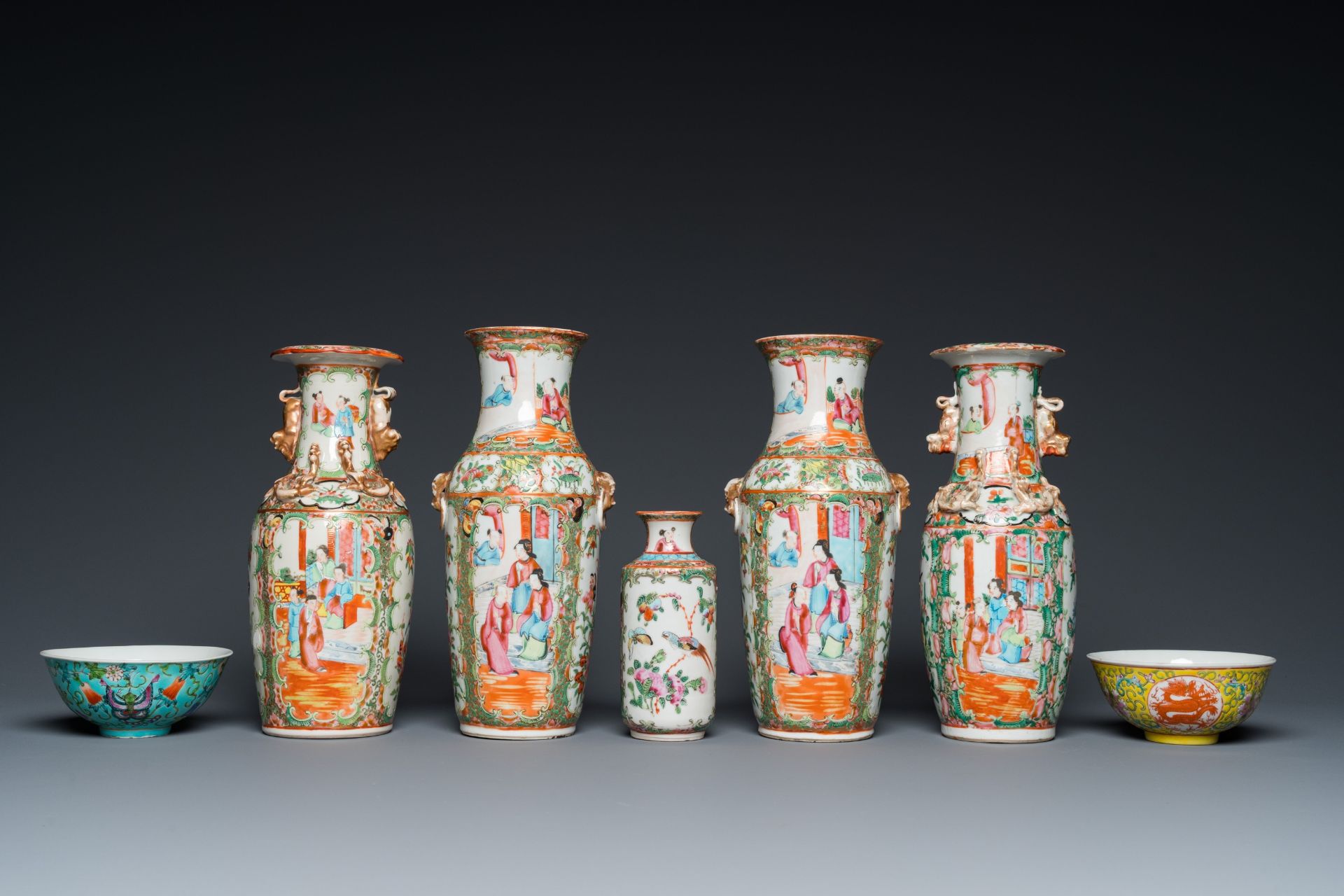 Eight Chinese Canton famille rose vases, two Nanking vases and two famille rose bowls, 19/20th C. - Image 10 of 15