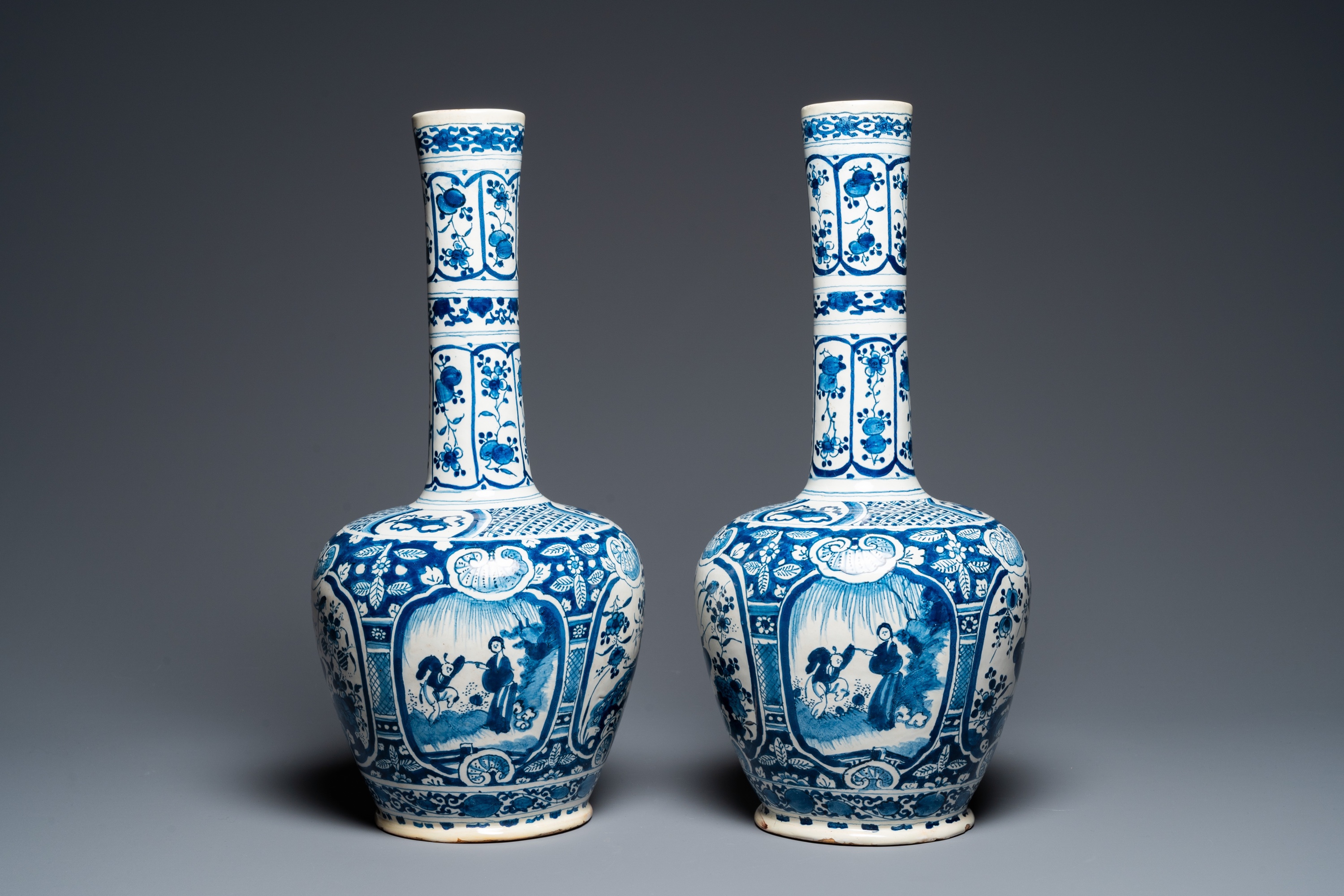 A pair of Dutch Delft blue and white chinoiserie bottle vases, 18th C. - Image 3 of 33