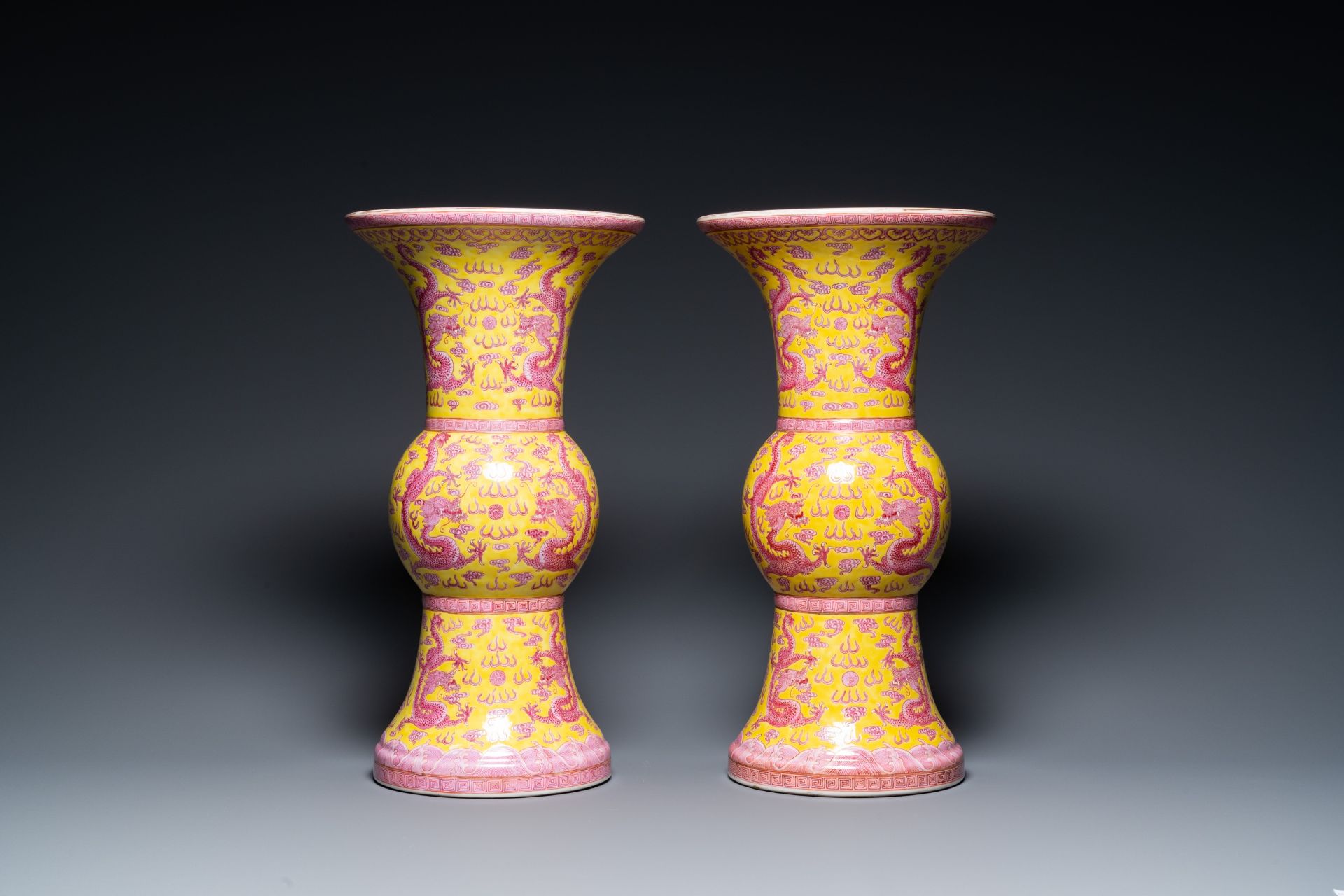 A pair of Chinese puce-enamelled yellow-ground 'gu' vases with dragons, Jia Xu Nian Zhi ____ mark, d - Bild 2 aus 46