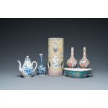 Four Chinese famille rose vases, a bat-shaped bowl and a covered jug, 19th C.