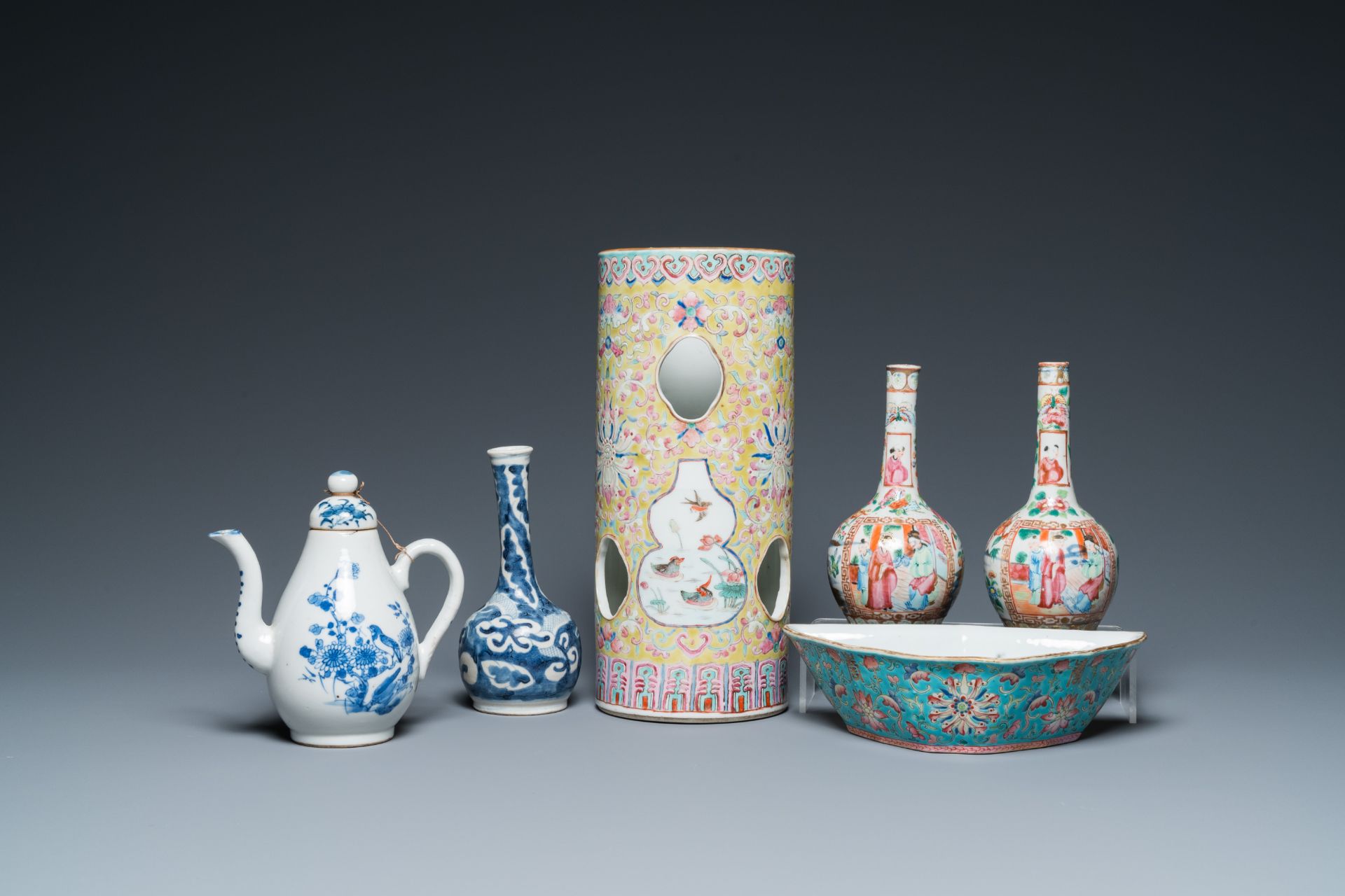 Four Chinese famille rose vases, a bat-shaped bowl and a covered jug, 19th C.