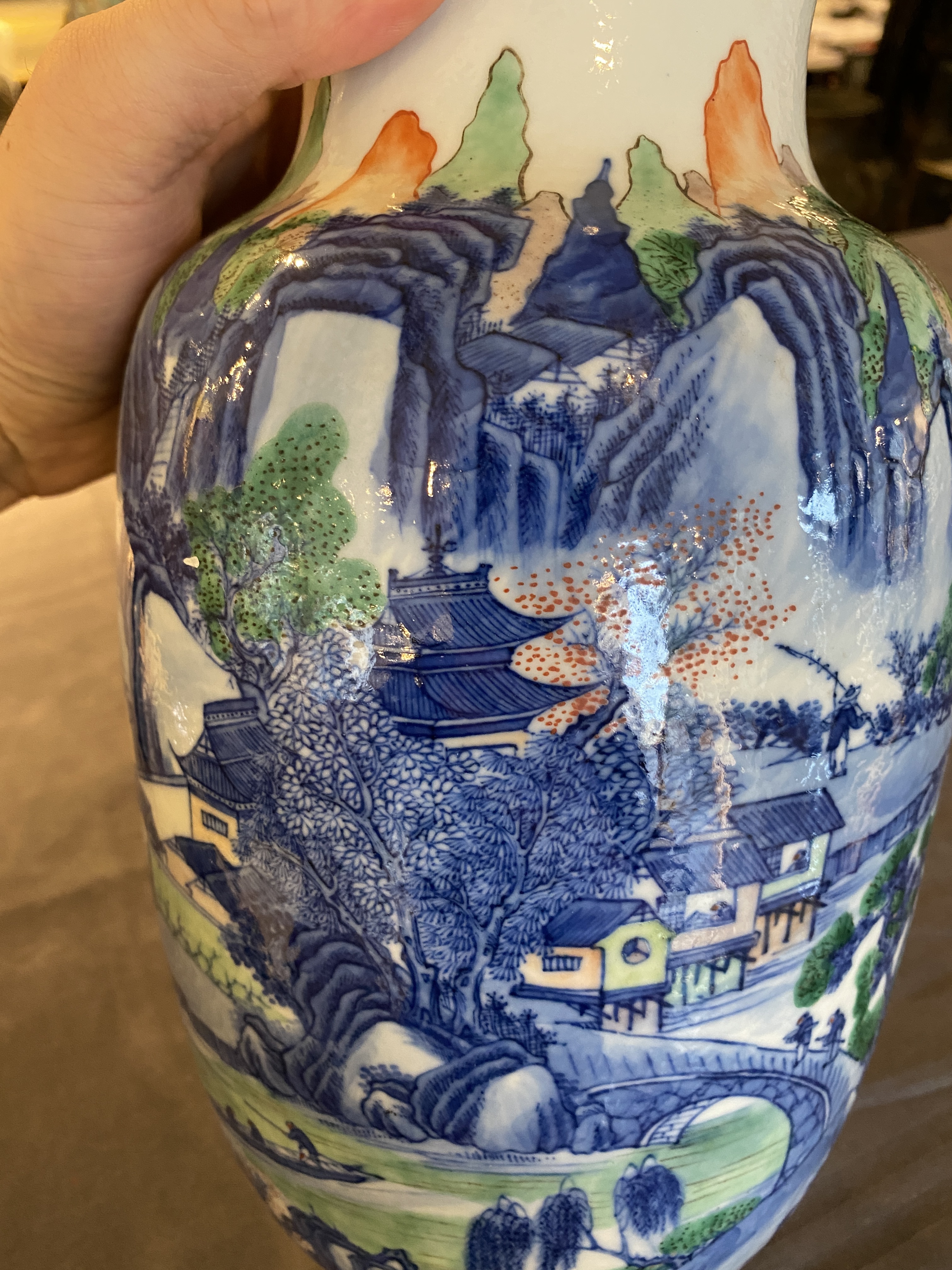 A pair of Chinese famille verte vases with fine landscapes, Yongzheng mark, 19/20th C. - Image 11 of 30