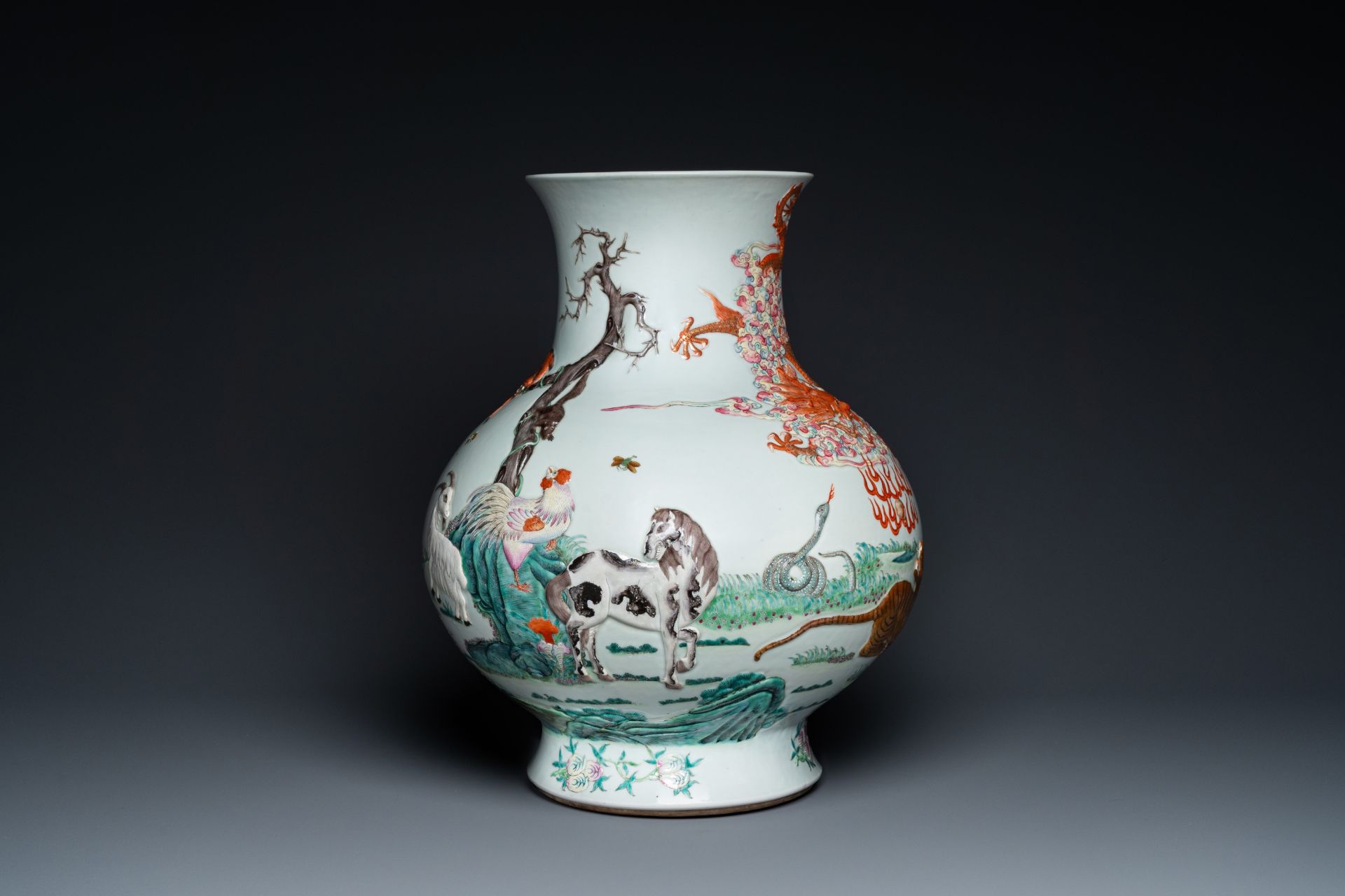 An impressive large relief-molded Chinese famille rose 'Twelve zodiac animals' vase, Qianlong mark, - Image 7 of 48