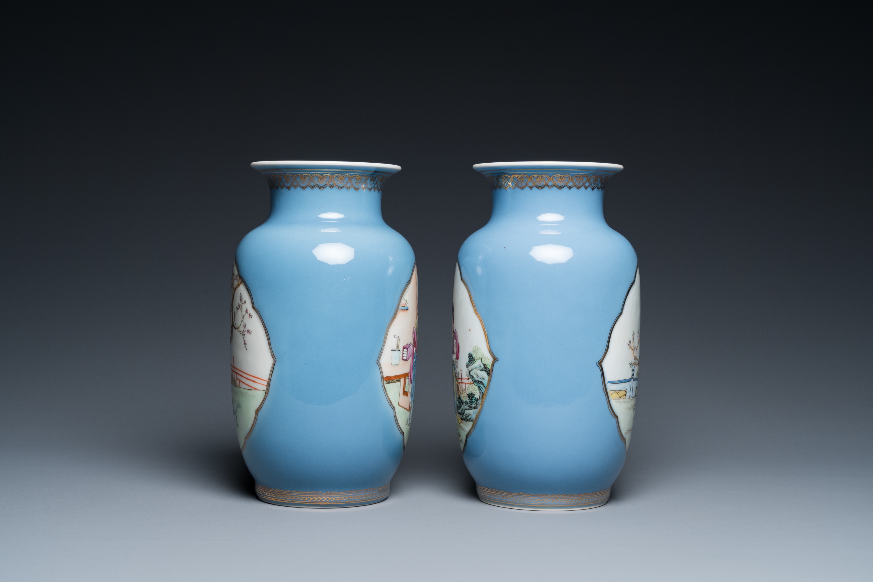 A pair of Chinese famille rose lavender blue-ground vases, Qianlong mark, Republic - Image 2 of 6