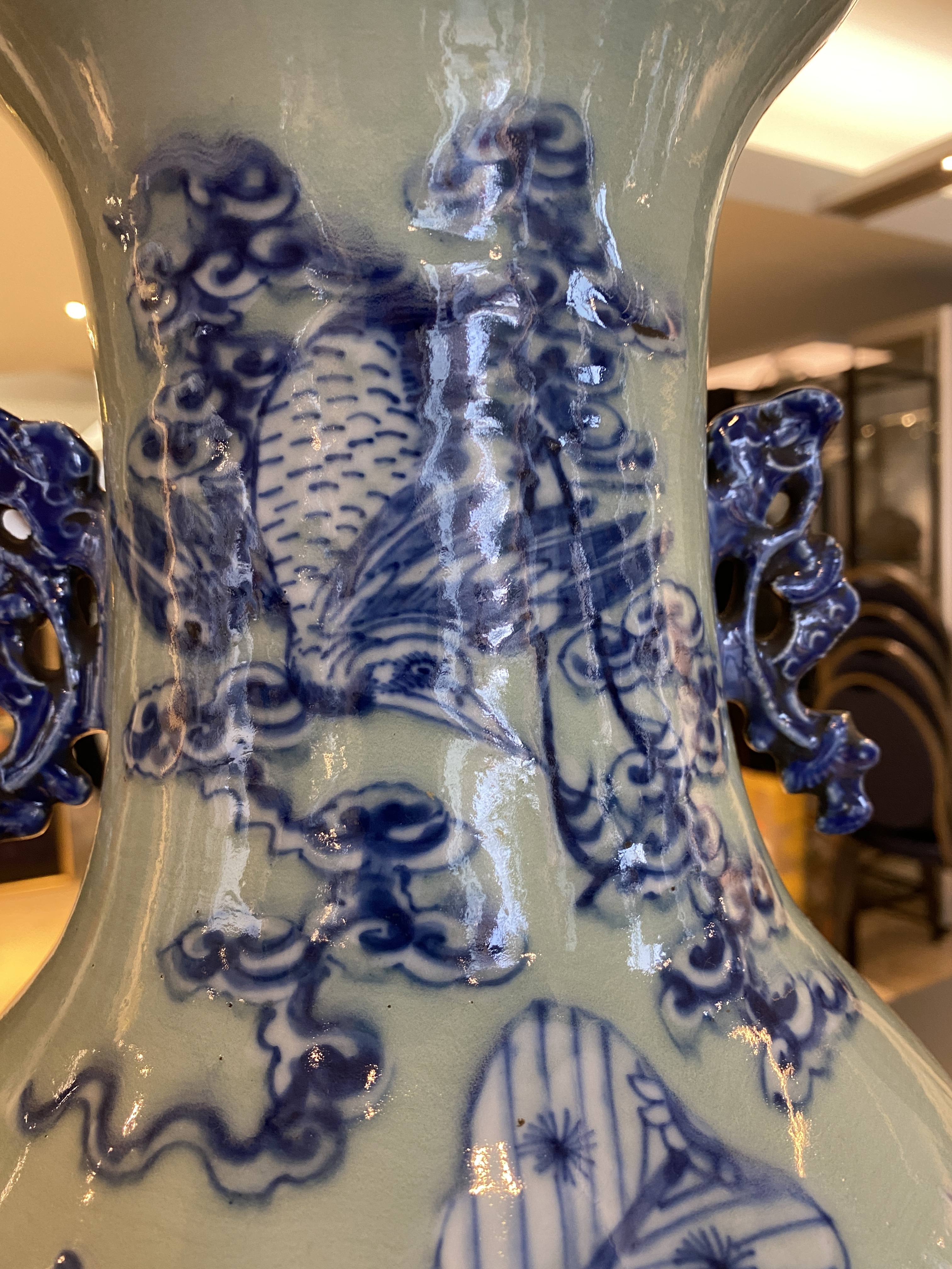 A Chinese blue and white celadon-ground 'immortals' vase, 19th C. - Image 13 of 17