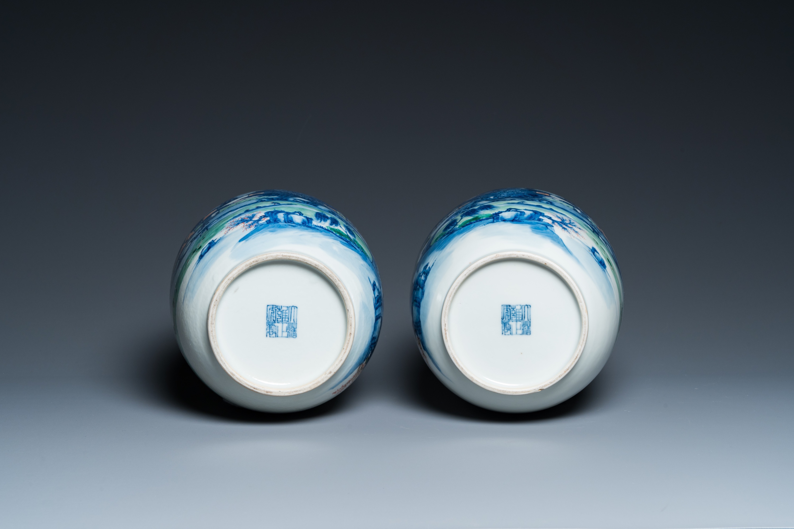 A pair of Chinese famille verte vases with fine landscapes, Yongzheng mark, 19/20th C. - Image 6 of 30