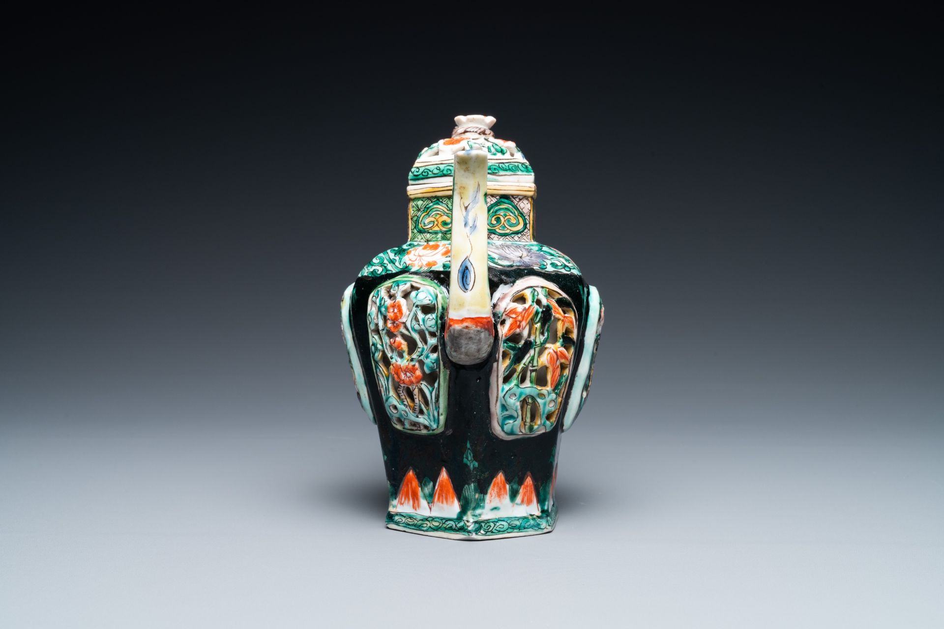 A Chinese verte biscuit reticulated teapot and cover, Kangxi - Image 3 of 37