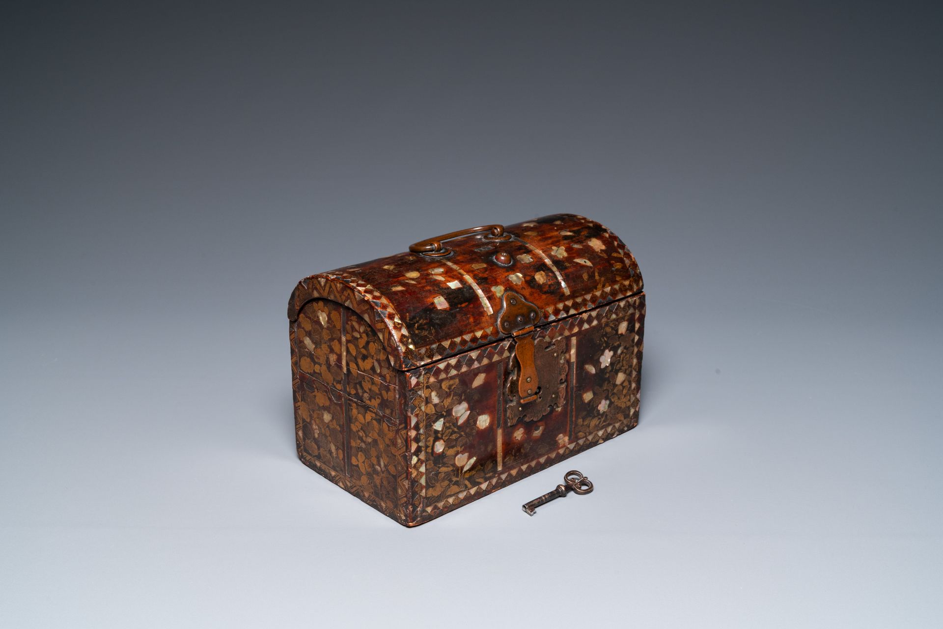 A Japanese tortoise-veneered and mother of pearl-inlaid wooden 'Namban' coffer, Momoyama or Edo, 16/