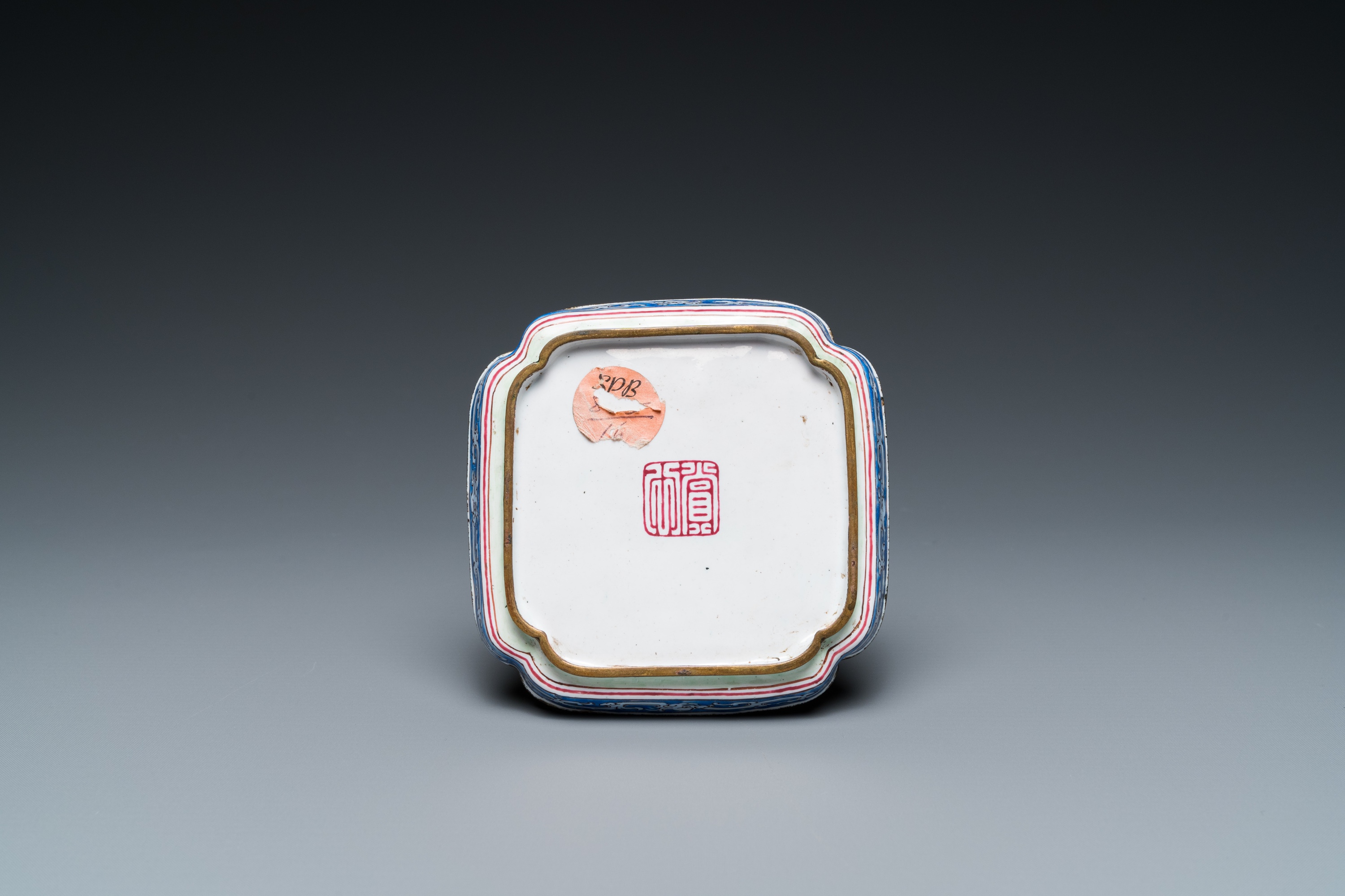 A square Chinese Canton enamel 'scholar' tray with a poem, Qianlong - Image 2 of 2