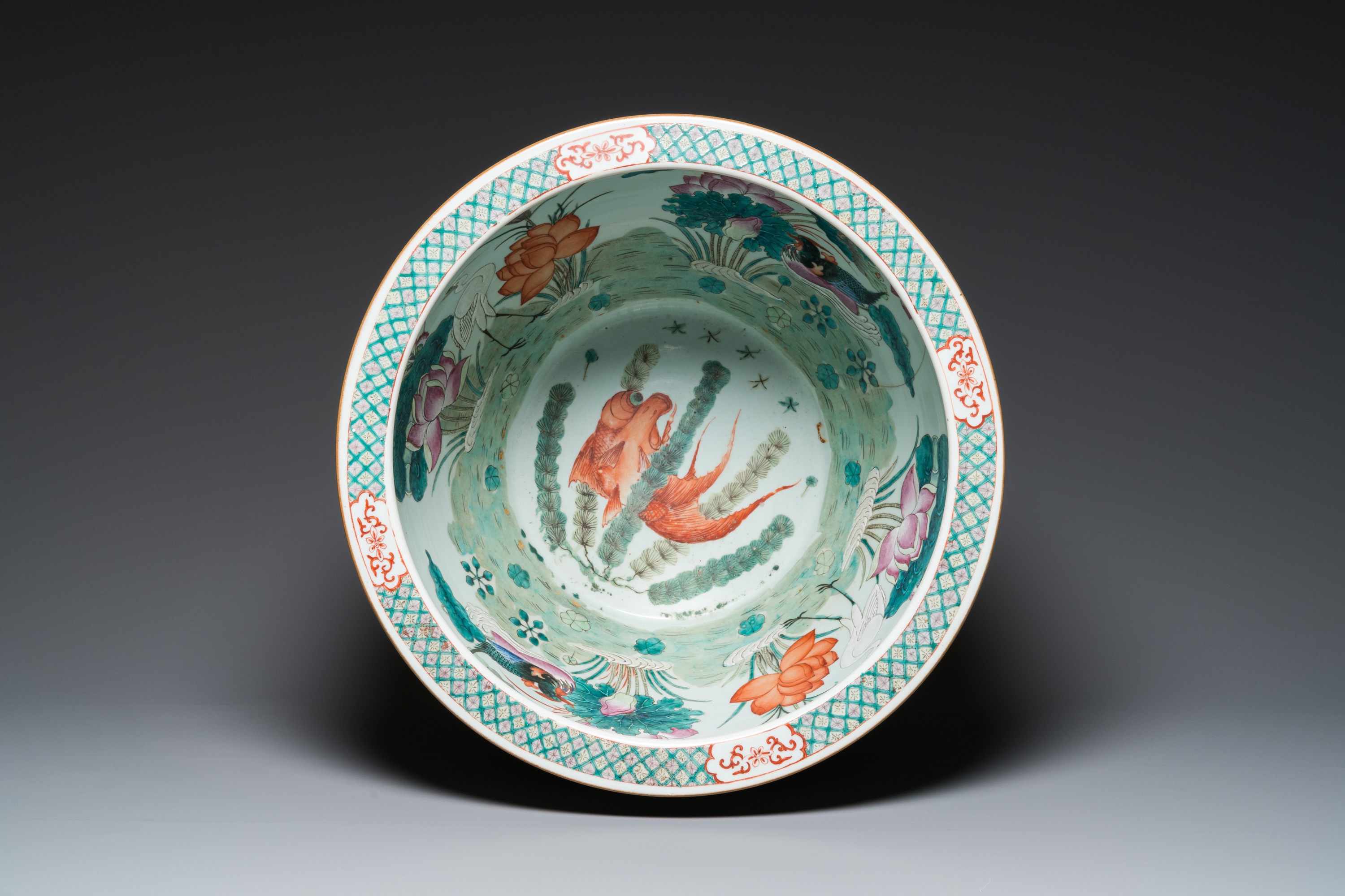 A large Chinese famille verte light blue-ground fish bowl, 19th C. - Image 7 of 28