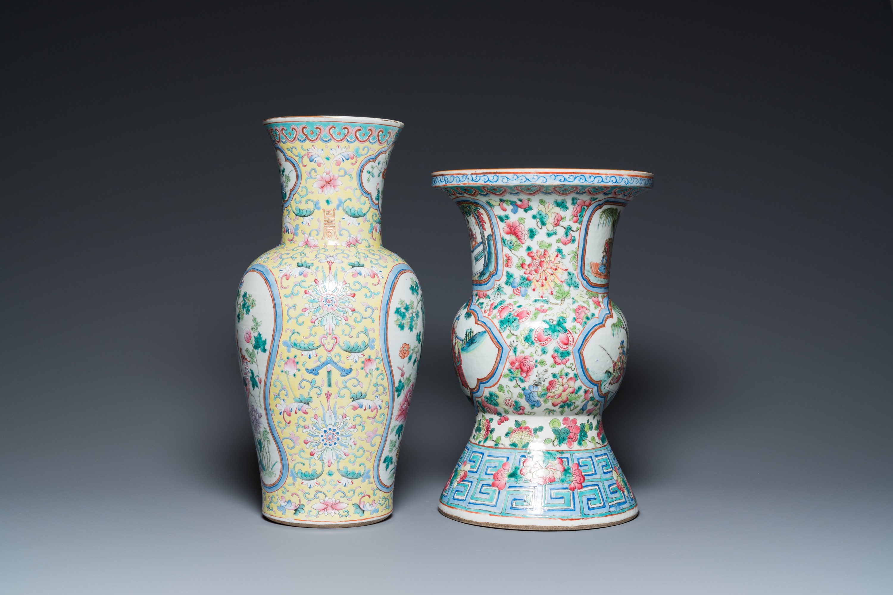 A Chinese famille rose yellow-ground 'phoenix' vase and a large spittoon, 19th C. - Image 4 of 6