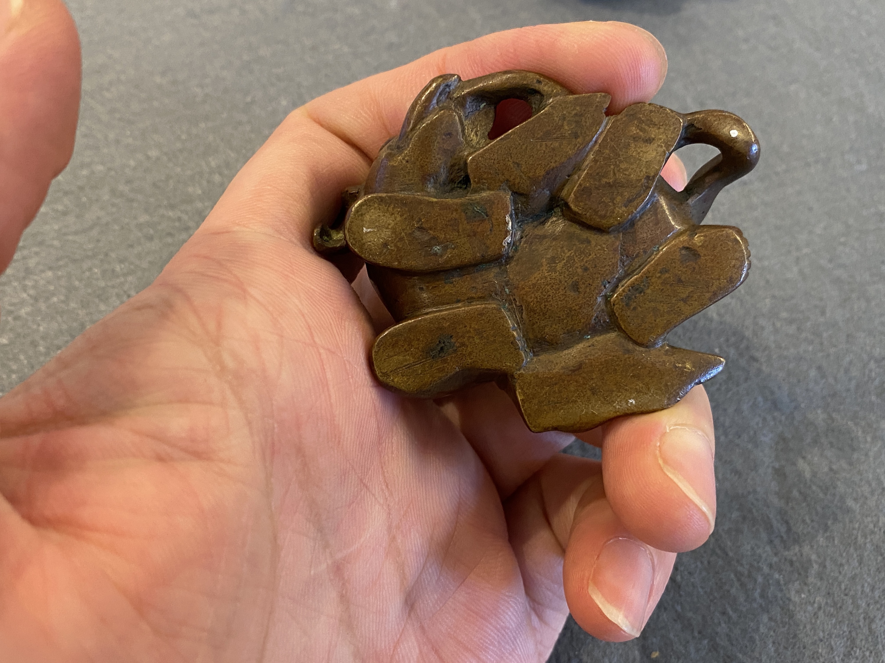 Two Chinese bronze scroll Weights with Sogdian riders on a Buddhist lion and an elephant, Qi - Image 12 of 19