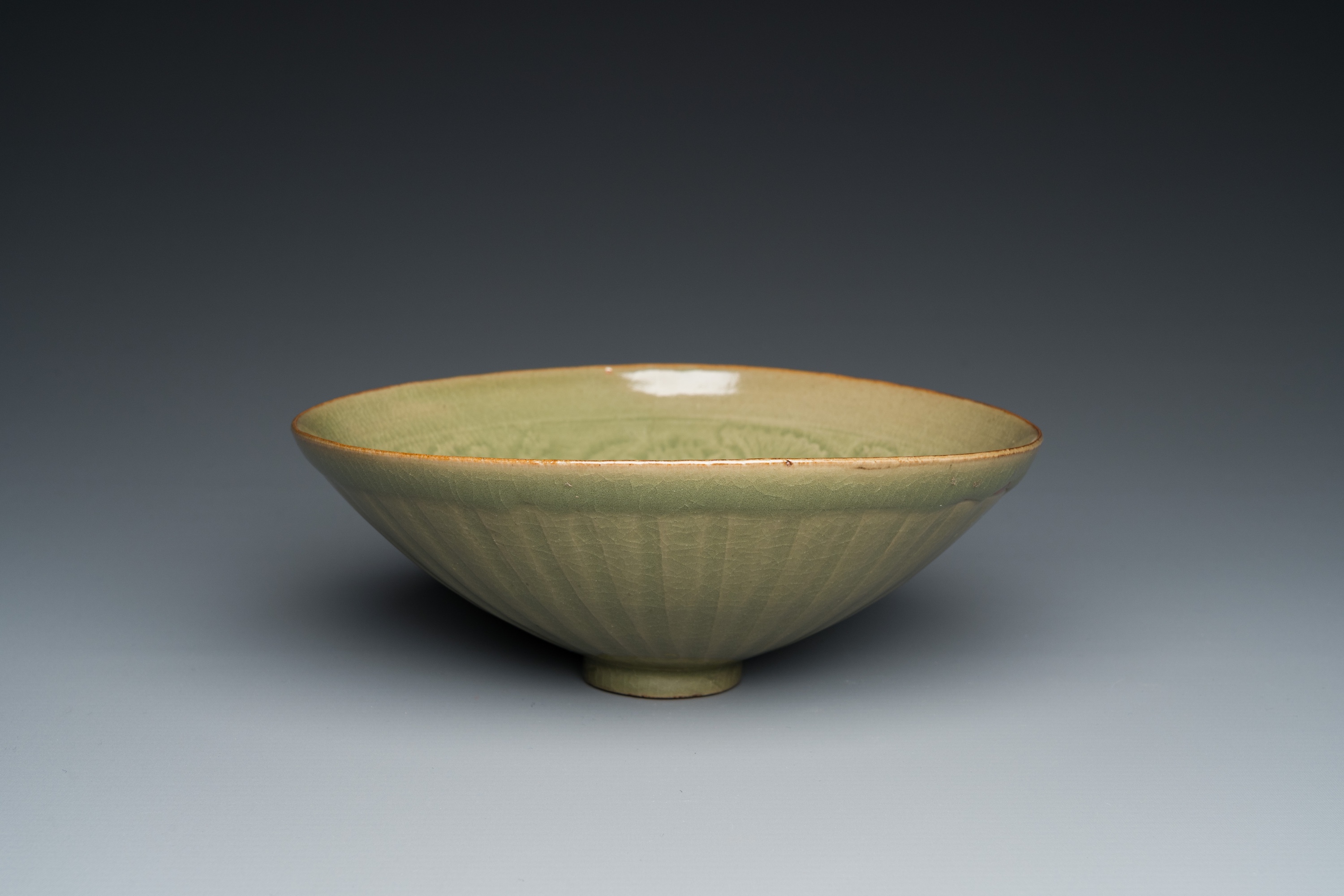 A Chinese Yaozhou celadon bowl with underglaze floral design, probably Song - Image 2 of 7