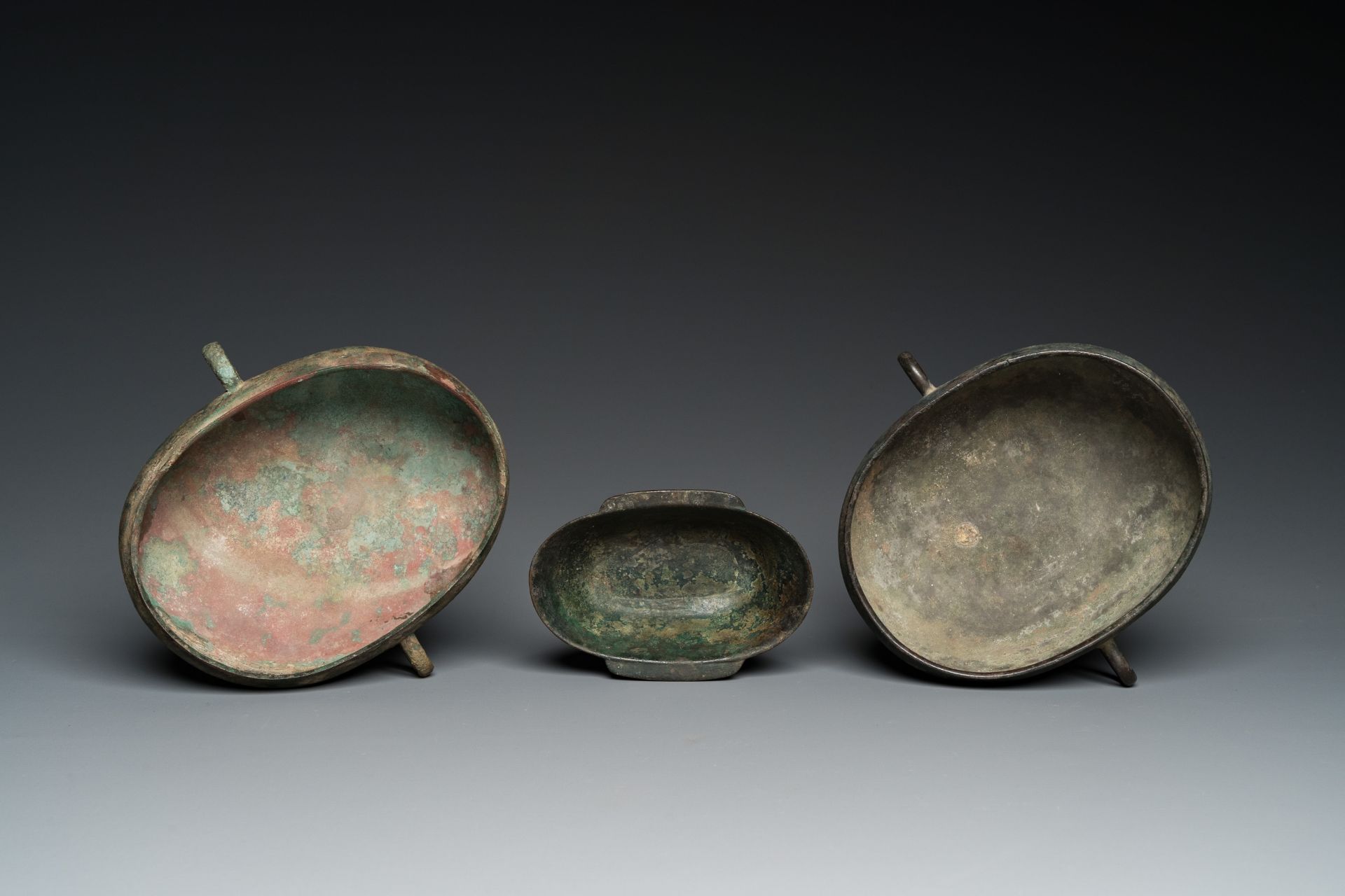 Three Chinese elliptical bronze cups, Eastern Zhou and Han - Image 6 of 8