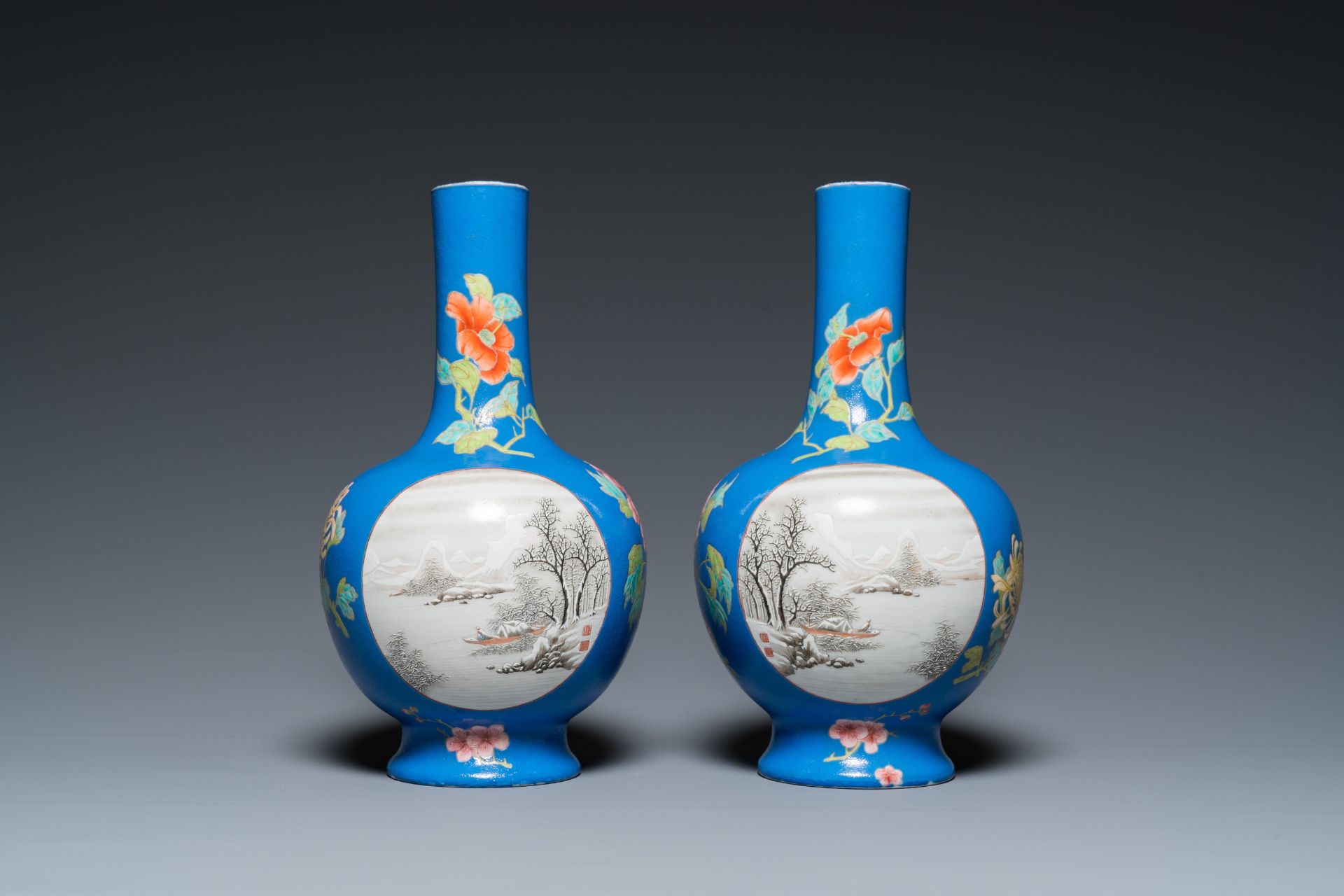 A pair of Chinese blue-ground famille rose vases, He Xuren ___ seal mark, 20th C. - Image 3 of 28