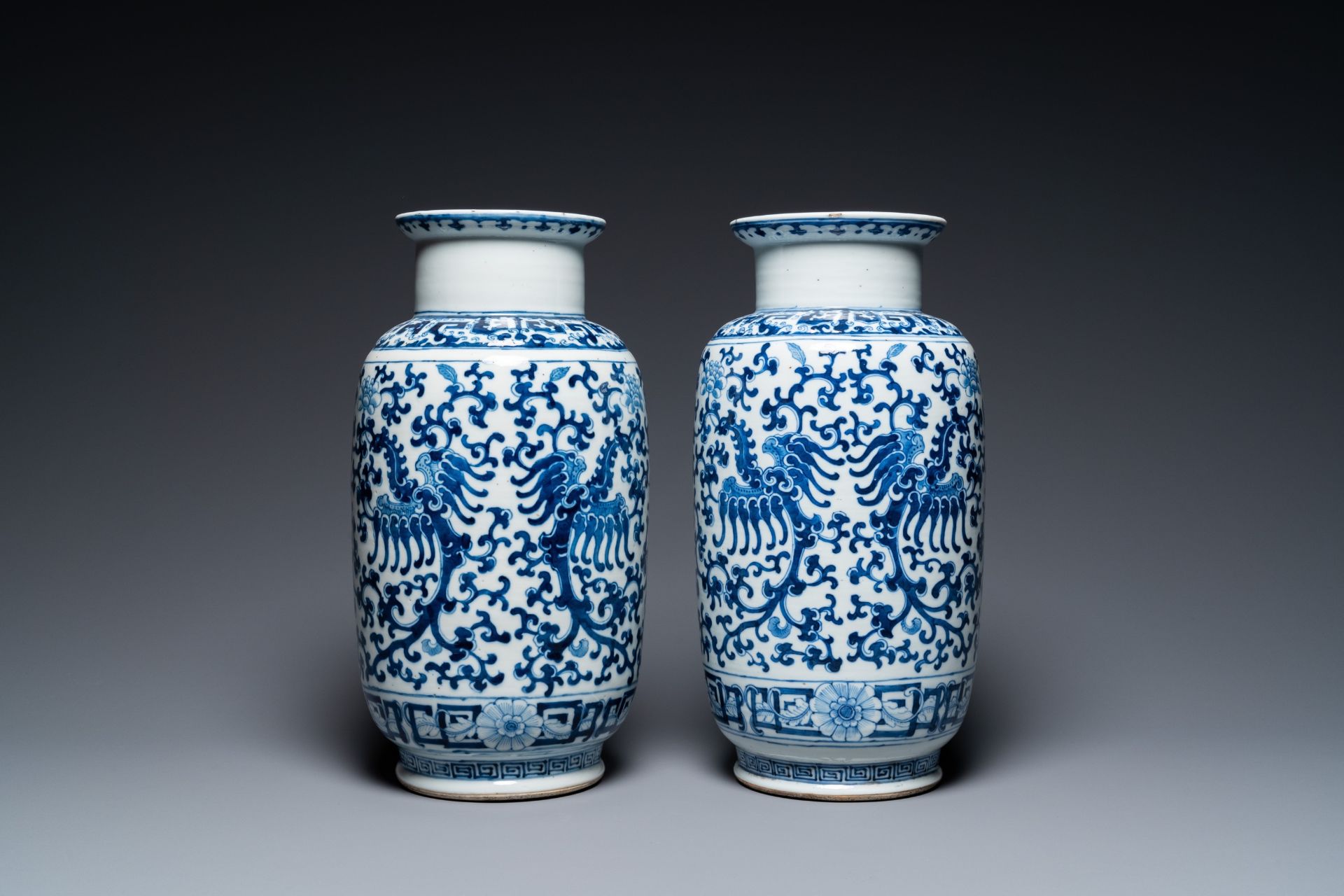 A pair of Chinese blue and white 'phoenix' vases, Kangxi mark, 19th C. - Image 3 of 30