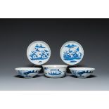 Three Chinese blue and white 'Bleu de Hue' bowls and two dishes for the Vietnamese market, 19th C.