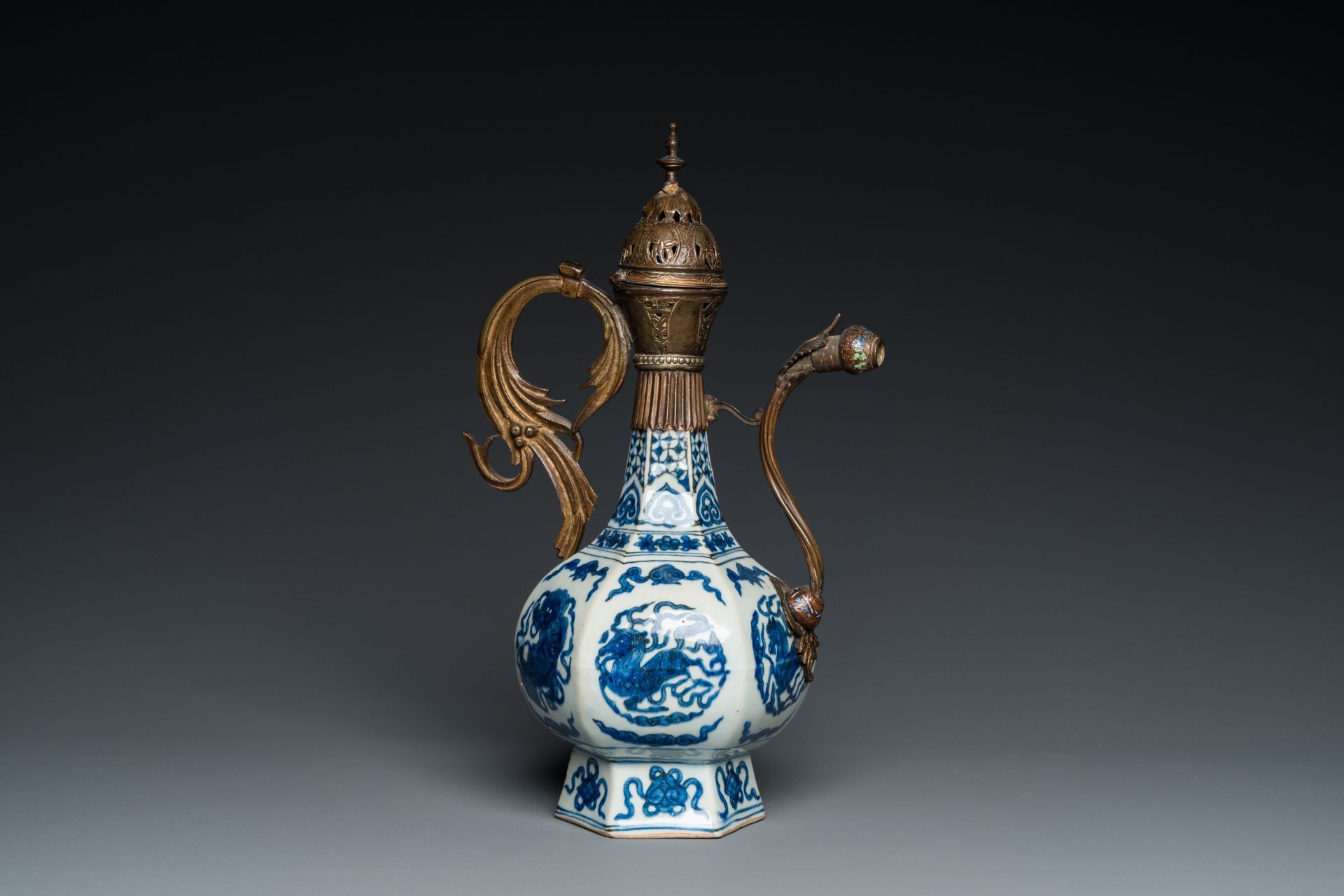 A Chinese blue and white gilt-bronze mounted vase transformed into a ewer for the Ottoman market, Ji - Image 3 of 21