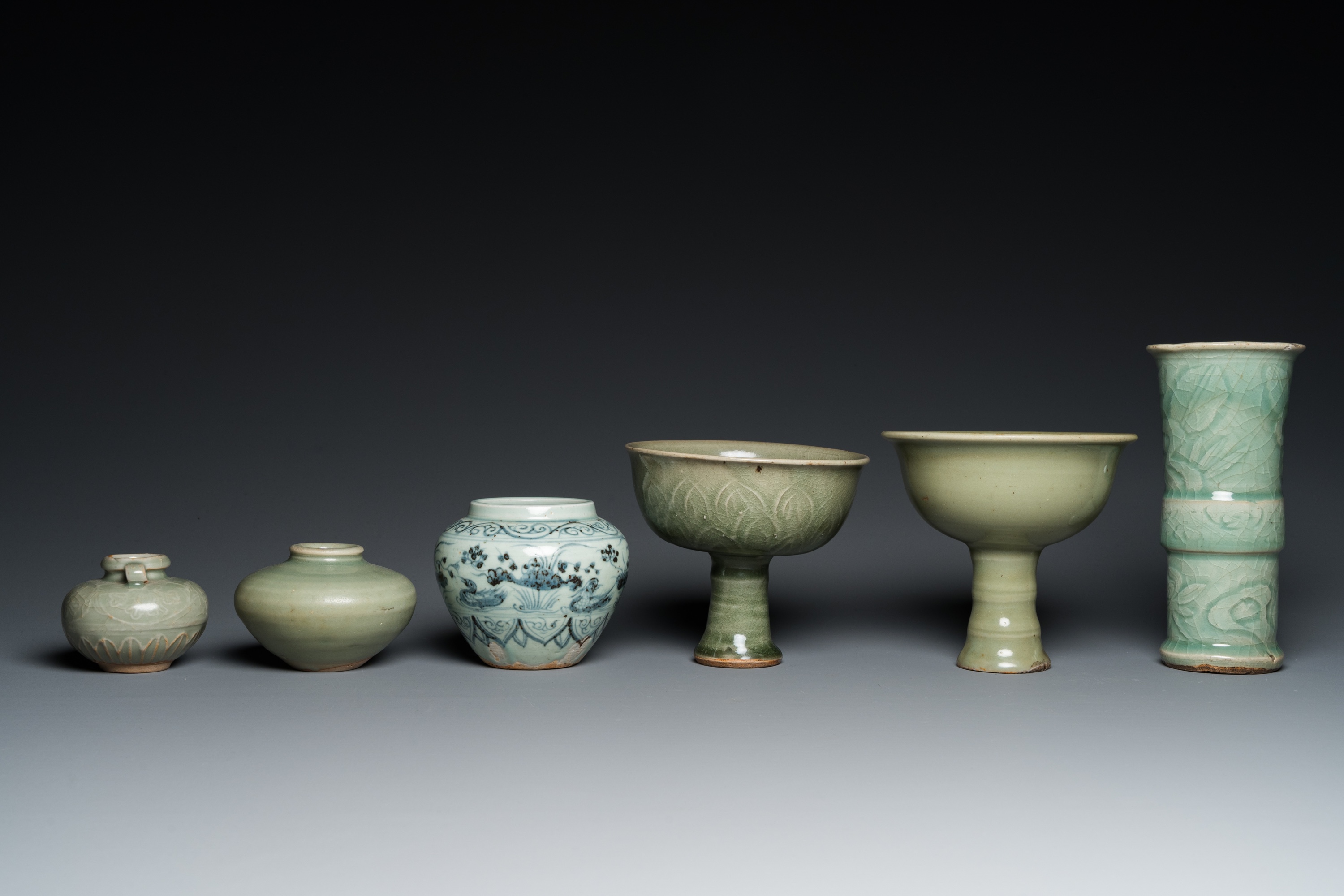 Three Chinese celadon-glazed vases, two stem cups and a blue and white vase, Ming - Image 3 of 7