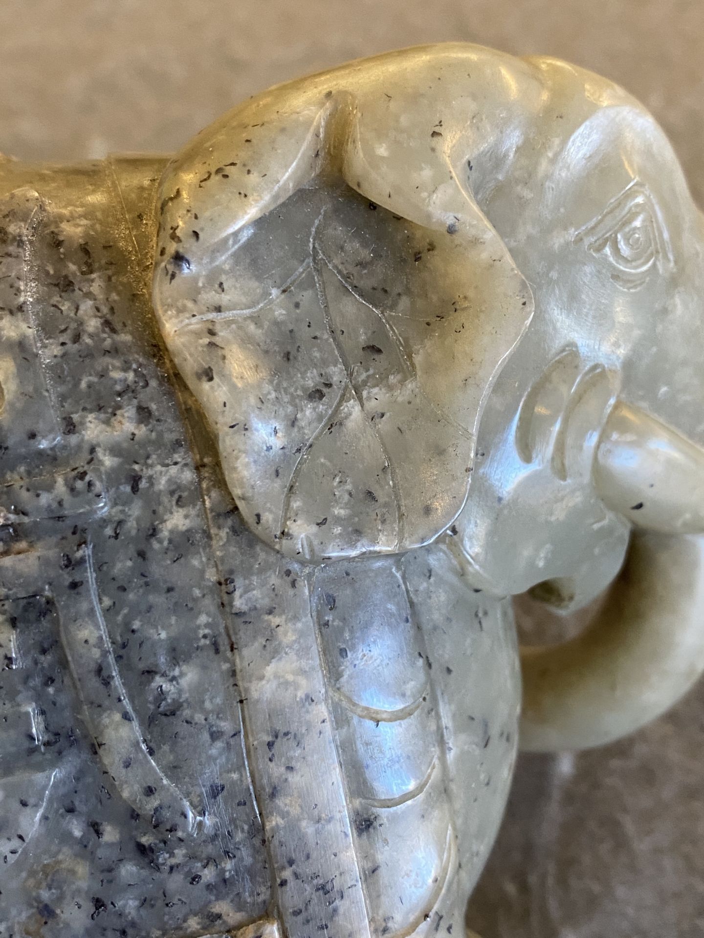 A Chinese grey-speckled celadon jade elephant, Qing - Image 16 of 18