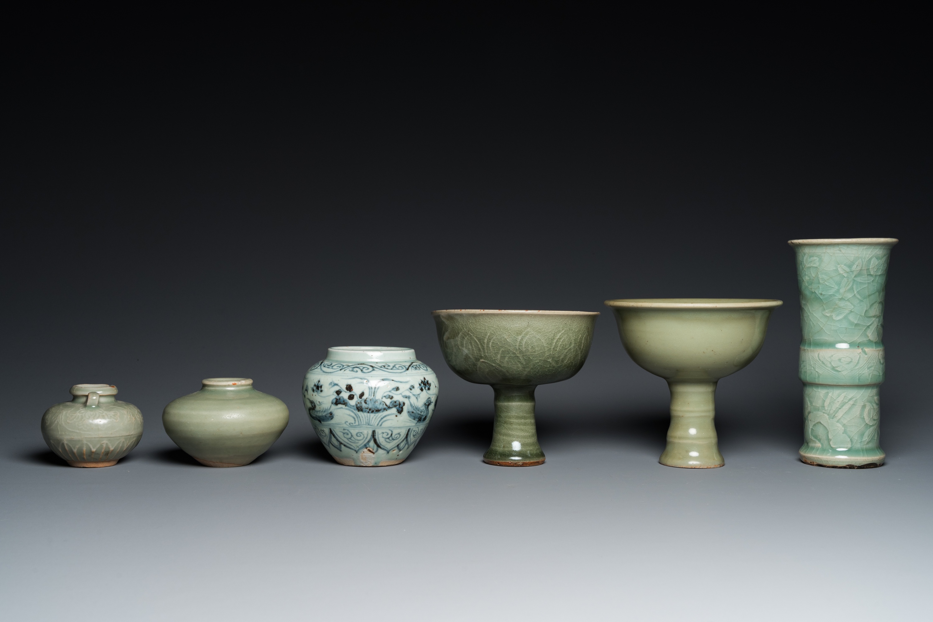 Three Chinese celadon-glazed vases, two stem cups and a blue and white vase, Ming - Image 5 of 7